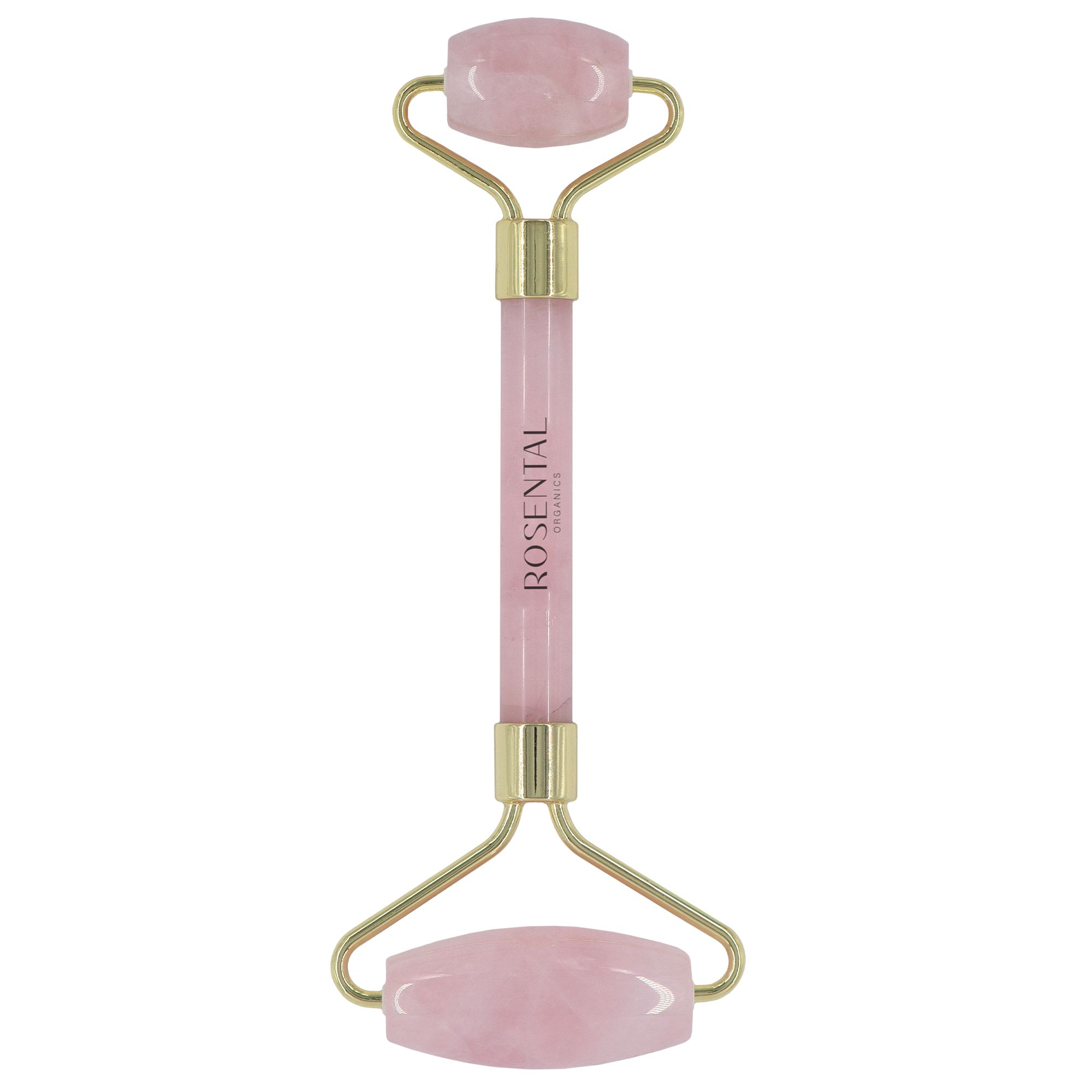 Rose Quartz Roller. Goldfarbener Rahmen, rosa Rollen. Produktname und Logo sichtbar.