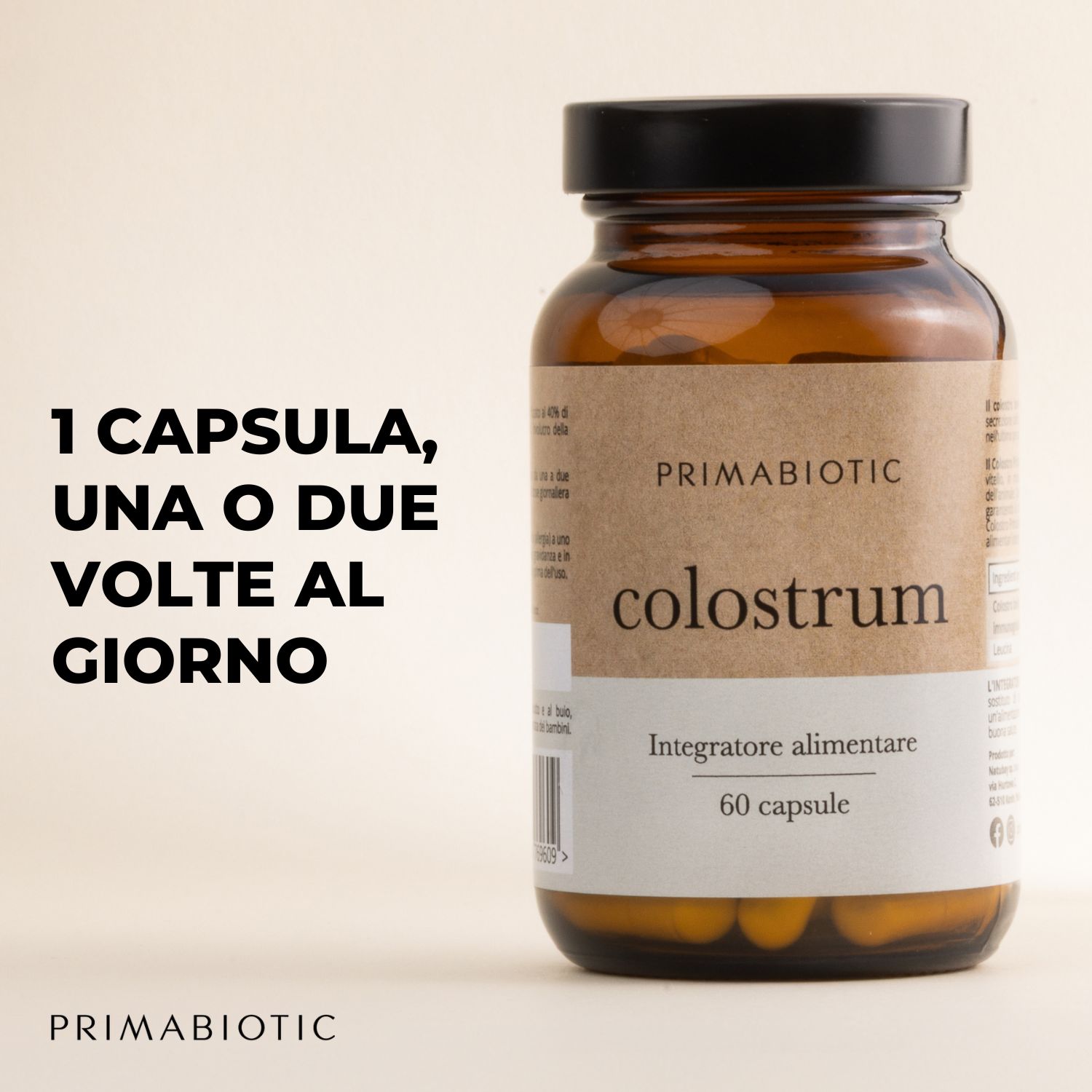 Flacone con capsule. Testo: Primabiotic, Colostrum. Scritta: 60 capsule. Testo: 1 capsula, una o due volte al giorno.