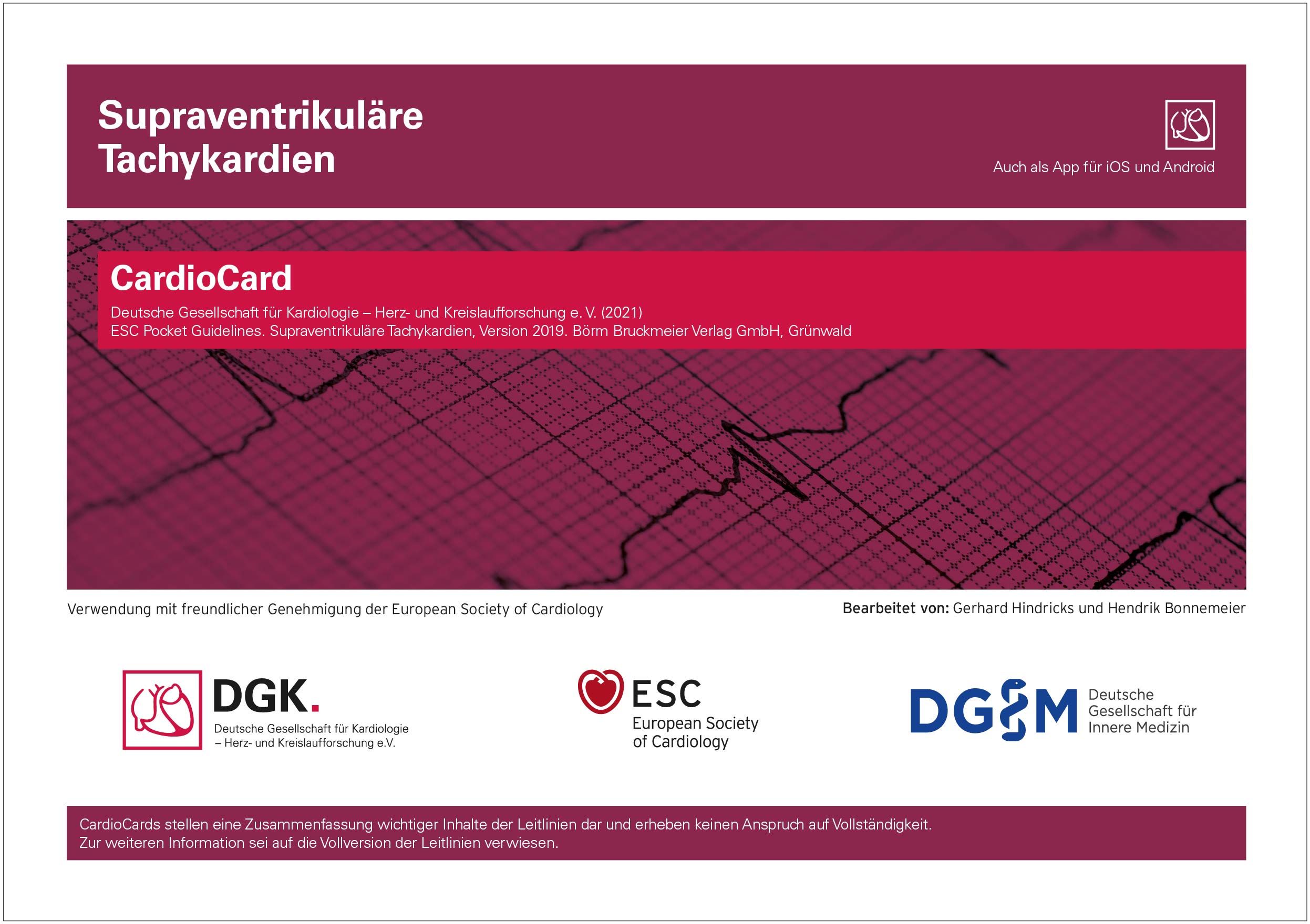 CardioCard-Broschüre zu supraventrikulären Tachykardien. Titel und Logos von DGK, ESC und DGIM. Text in Deutsch. Erhältlich als App für iOS und Android.