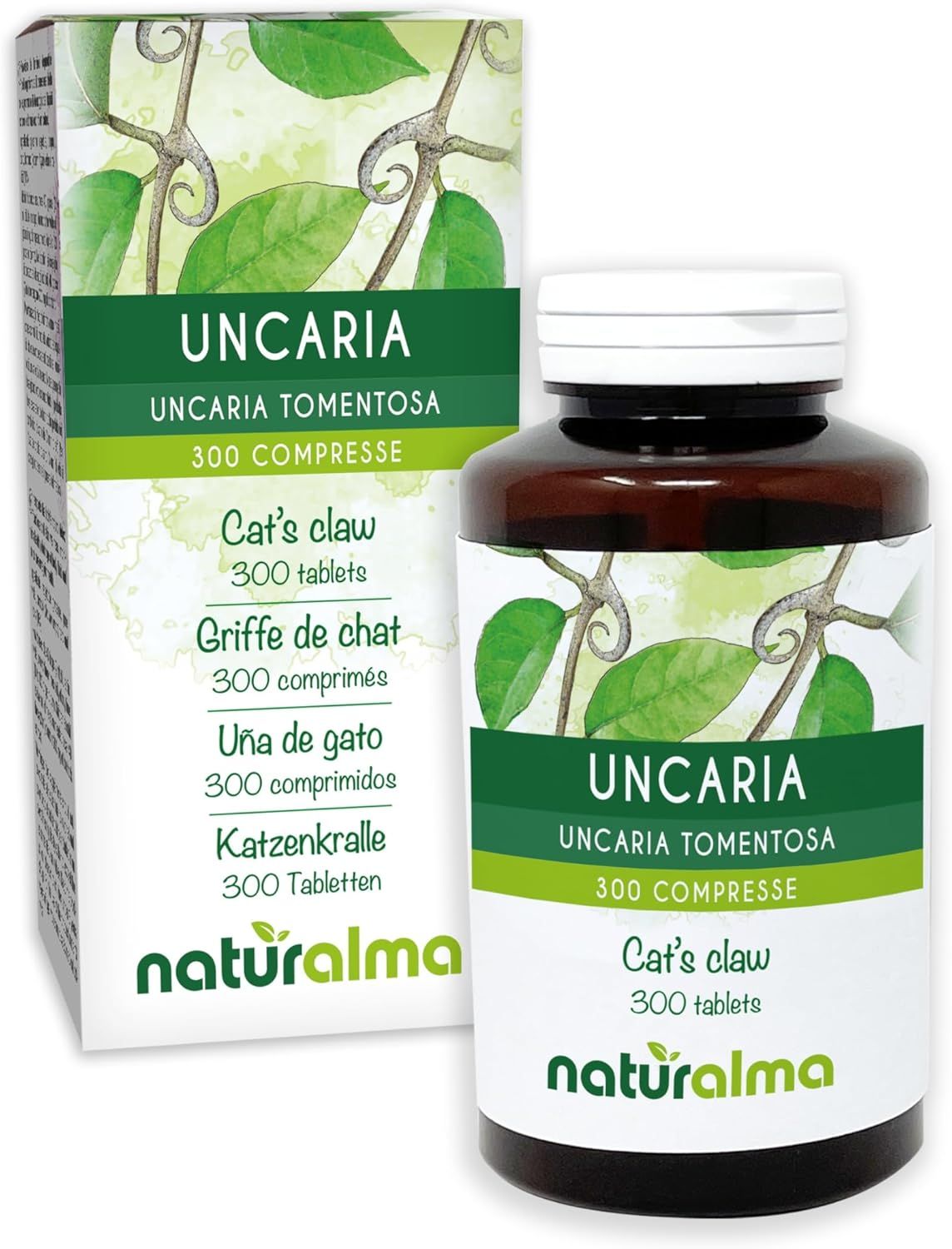 Produktverpackung und Flasche mit Tabletten. Text: Uncaria, Katzenkralle, 300 Tabletten. Naturalma-Logo.