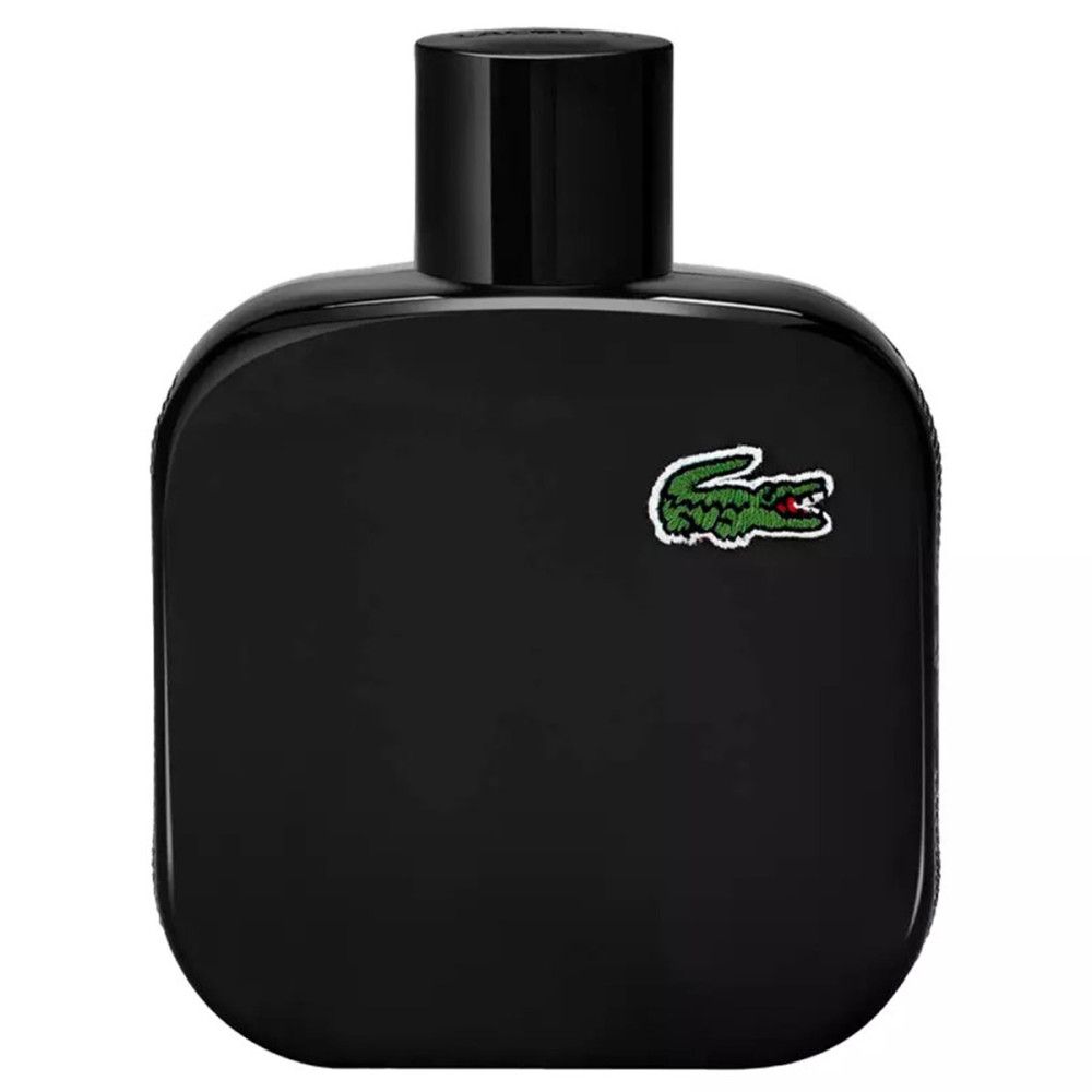 Schwarzer Flakon mit schwarzem Verschluss. Grünes Krokodil-Logo auf dem Flakon. Der Flakon hat eine abgerundete Form.