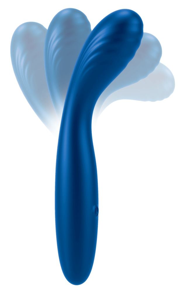 Blauer Vibrator in geschwungener Form. Gezeigt in verschiedenen Positionen. Auf weißem Hintergrund.