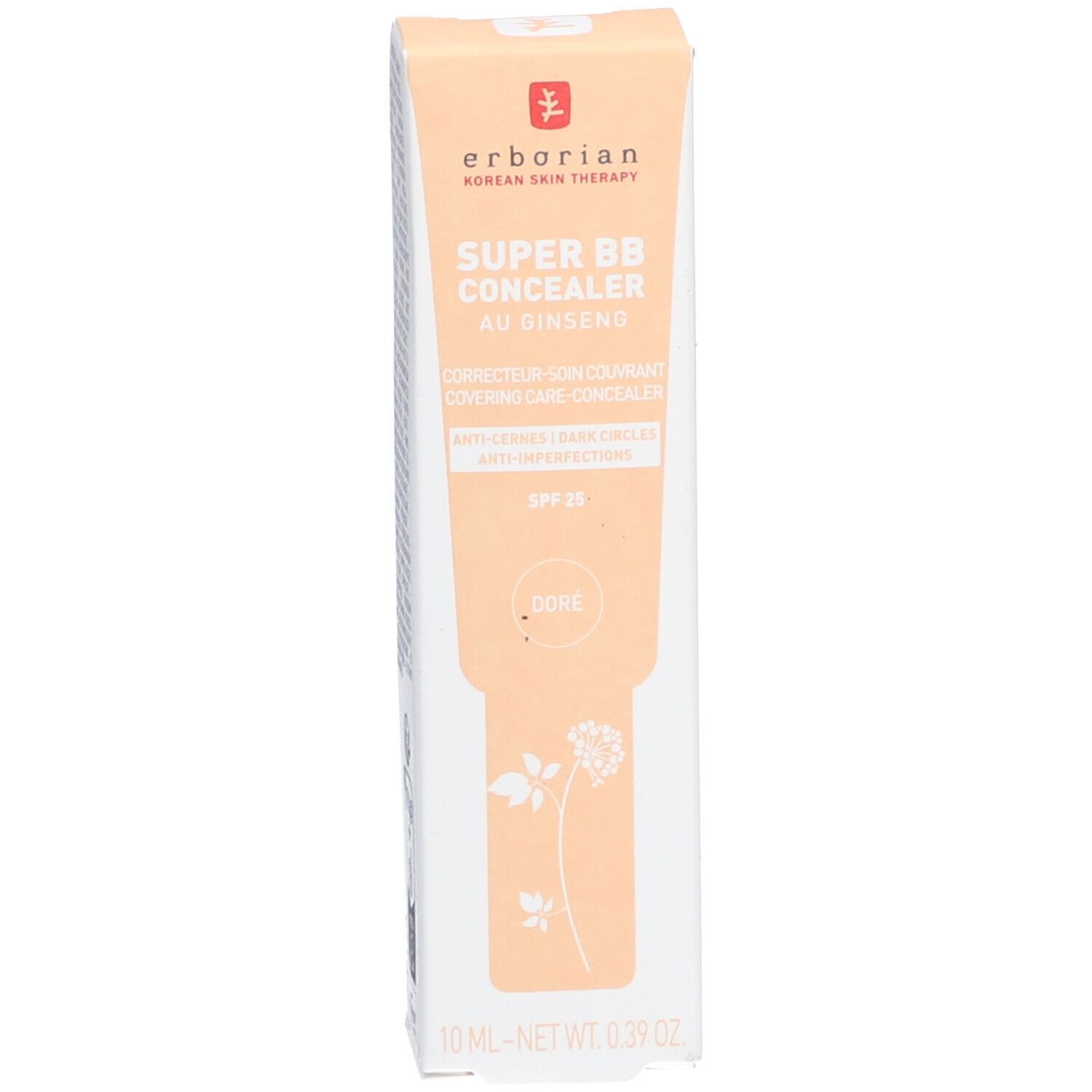 Verpackung des Concealers. Aufschrift: SUPER BB CONCEALER, AU GINSENG. Farbton: DORE. Marke: Erborian. Volumen: 10 ml.
