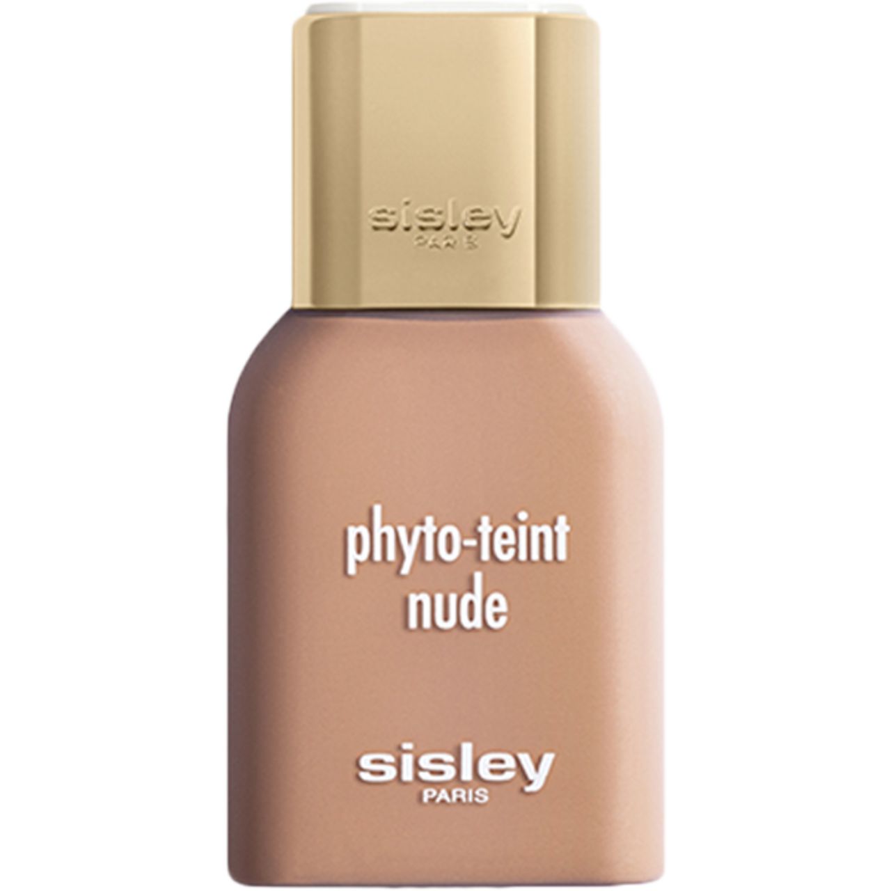 Sisley Phyto-Teint Nude Foundation. Beige Flasche mit goldfarbenem Deckel. Schriftzug: Phyto-Teint Nude, Sisley Paris.