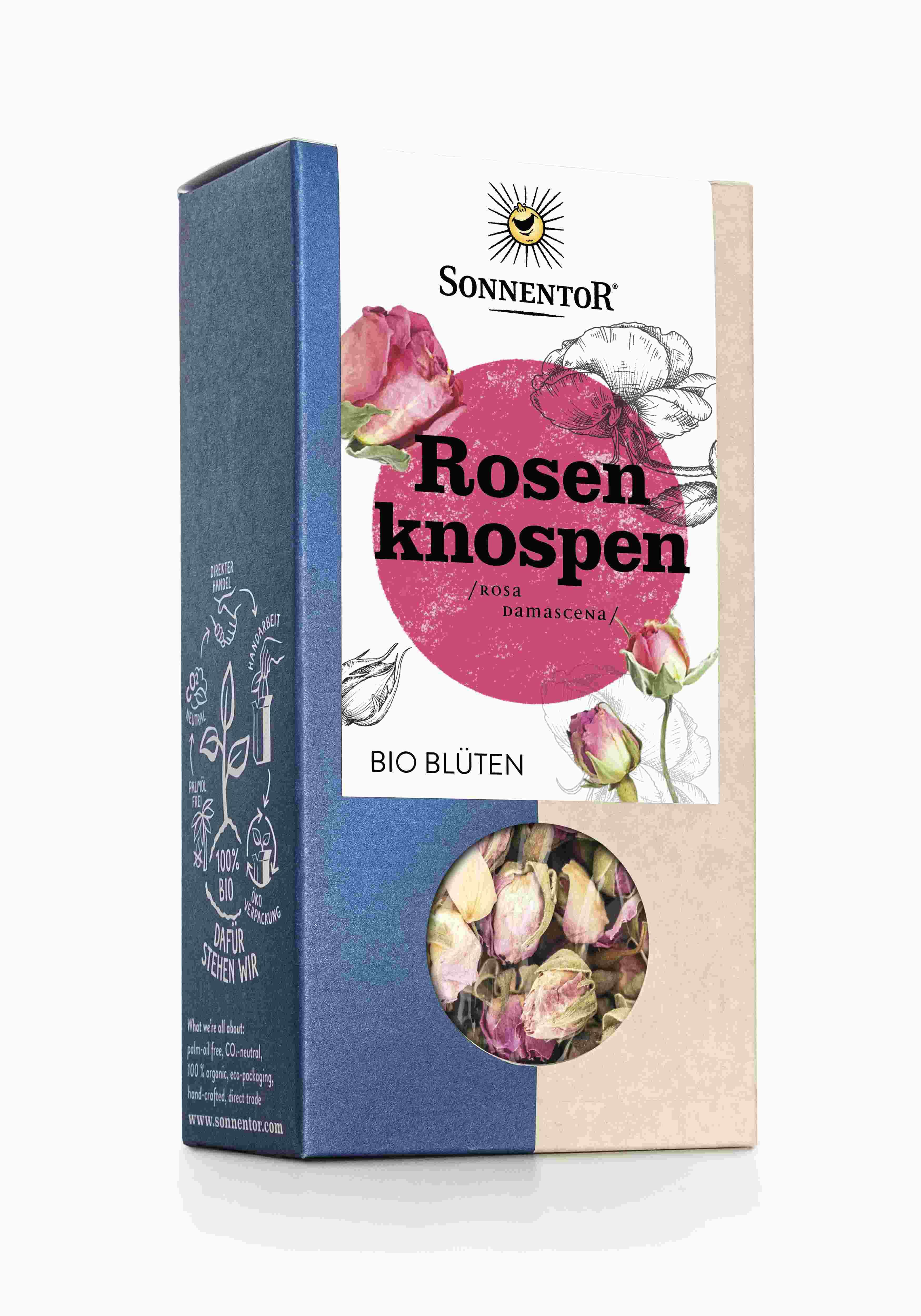 Verpackung von SonnentoR® Rosenknospen. Aufschrift: Rosenknospen, Bio Blüten. Sichtfenster mit getrockneten Rosenknospen.