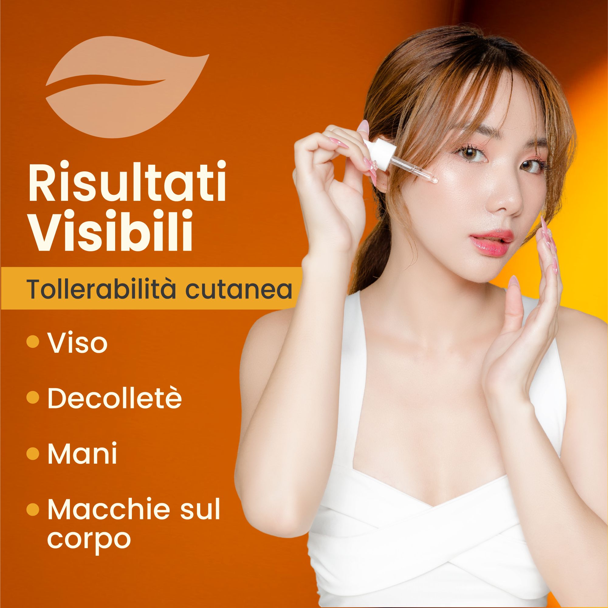 Frau mit Serum. Text: Ergebnisse, Hautverträglichkeit, Gesicht, Dekolleté, Hände, Körperflecken. Hintergrund: orange.