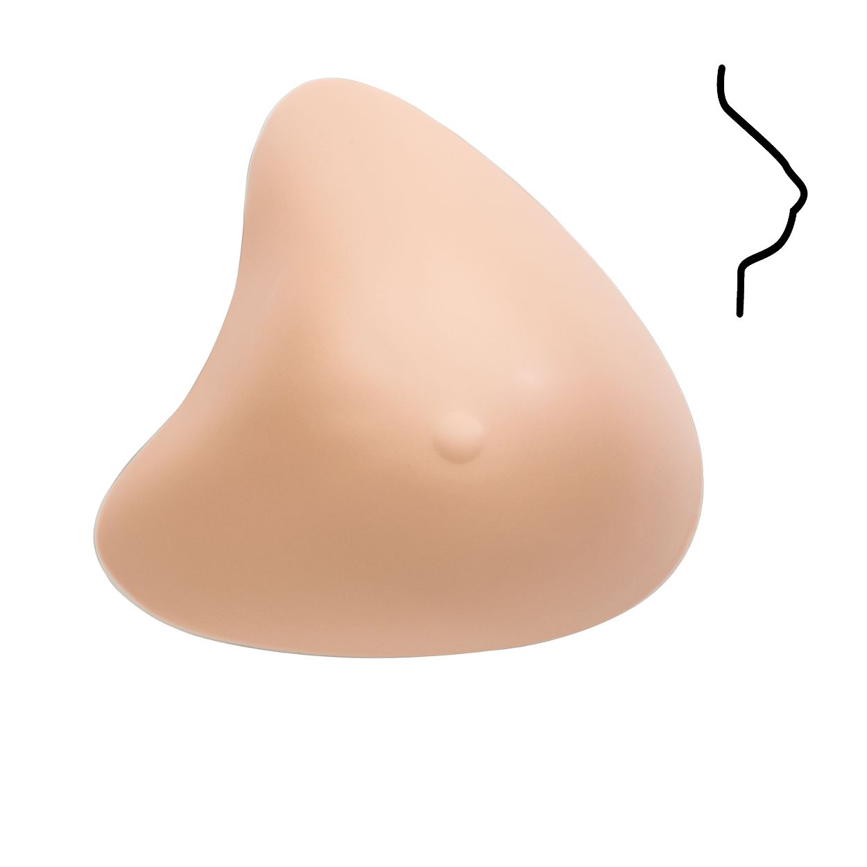 Asymmetrische Brustprothese, hautfarben. Mit Brustwarzen-Imitation. Profilzeichnung daneben.