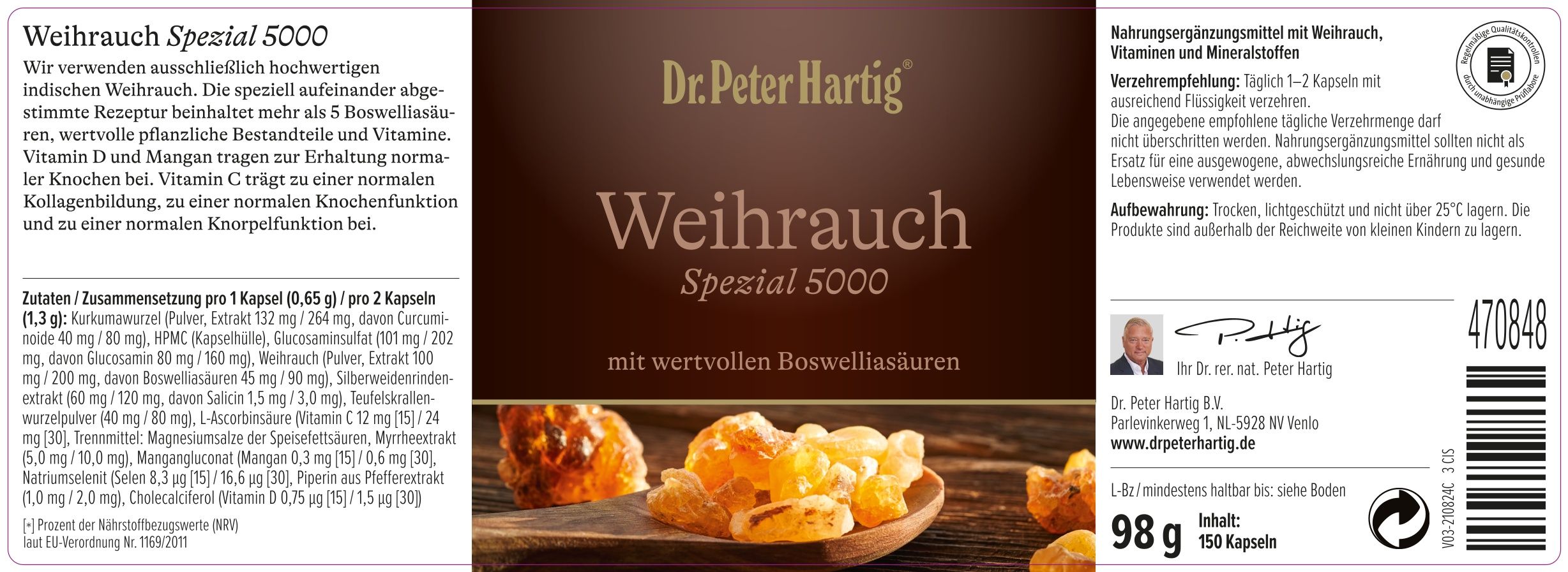 Frau hält Flasche und Kapseln. Flasche mit Aufschrift: Dr. Peter Hartig Weihrauch Spezial. Rosa Hintergrund.