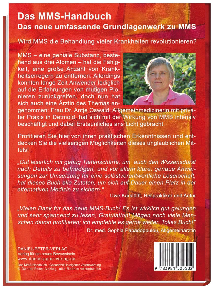 Rückseite des Buches "Das MMS-Handbuch". Text und Foto einer Frau. Verlagshinweis und ISBN-Nummer.