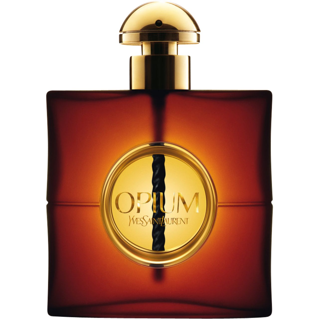 Dunkelroter Flakon mit goldenem Verschluss. Aufkleber mit "Opium" und "Yves Saint Laurent". Schwarze Kordel.