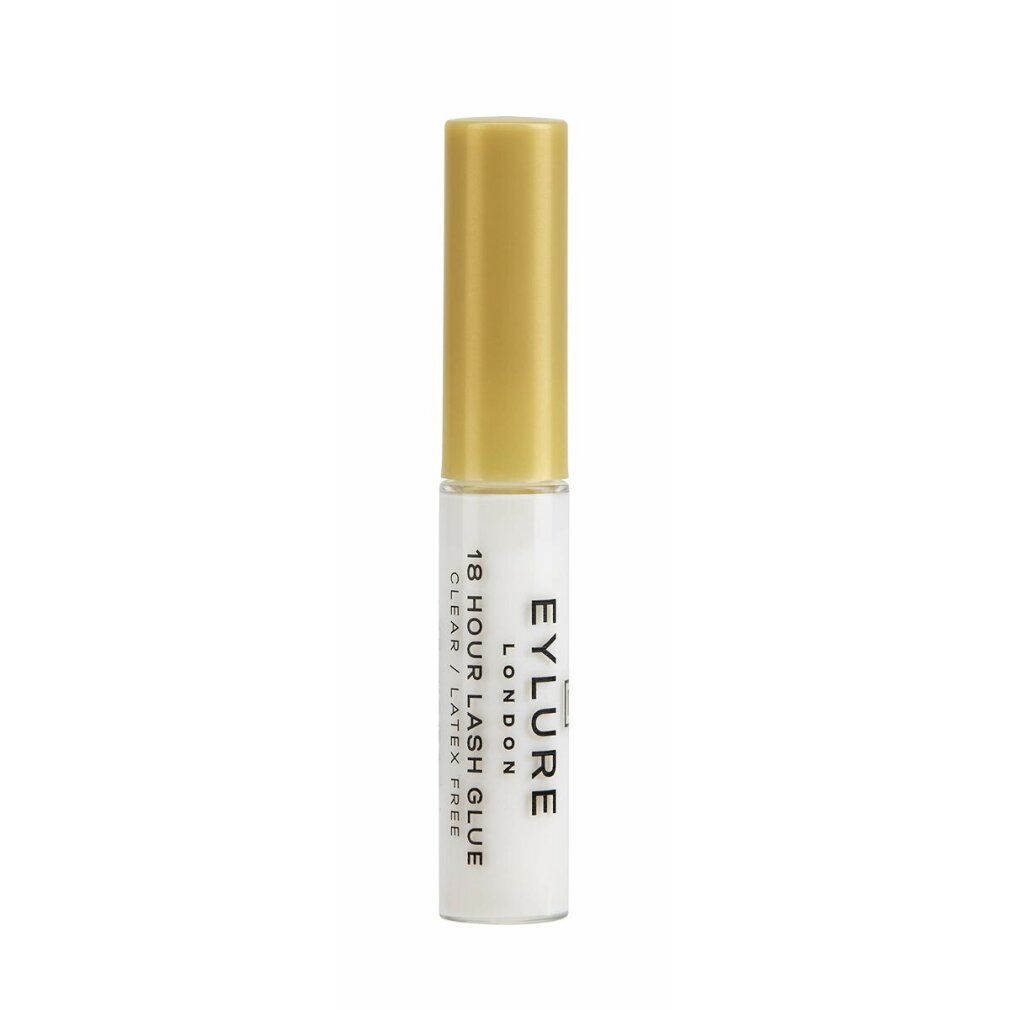 Eylure 18 Hour Lash Glue Clear Finish. Flasche mit goldener Kappe. Produktinformationen auf dem Etikett. Latex- und tierversuchsfrei.