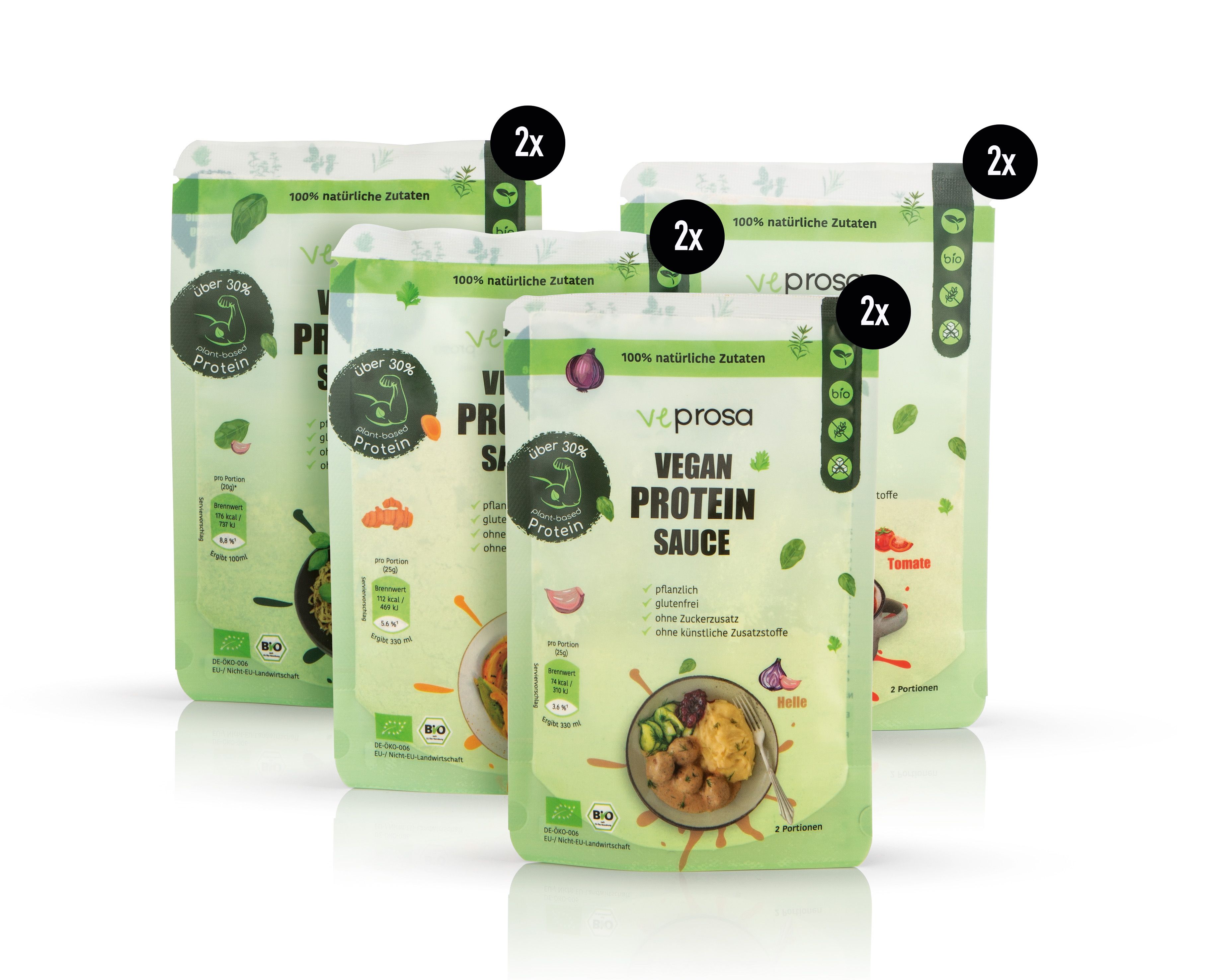 Mehrere Beutel VEPROSA Bio Saucen Mix, grün-weiß. Aufdruck: Vegan Protein Sauce, über 30% Protein. 2x-Kennzeichnung.