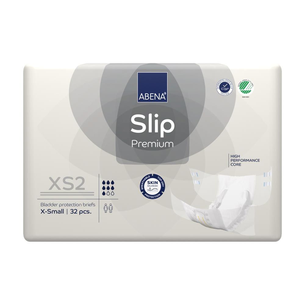 Abena Slip Premium XS2. Weiße Inkontinenzvorlagen in Verpackung. Mit Logo, Zertifizierungen und Produktbezeichnung.