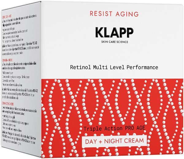 Verpackung von Klapp Resist Aging Creme. Weißer Karton mit rotem Muster und Produktinformationen. Markenname und Produktbezeichnung deutlich sichtbar.