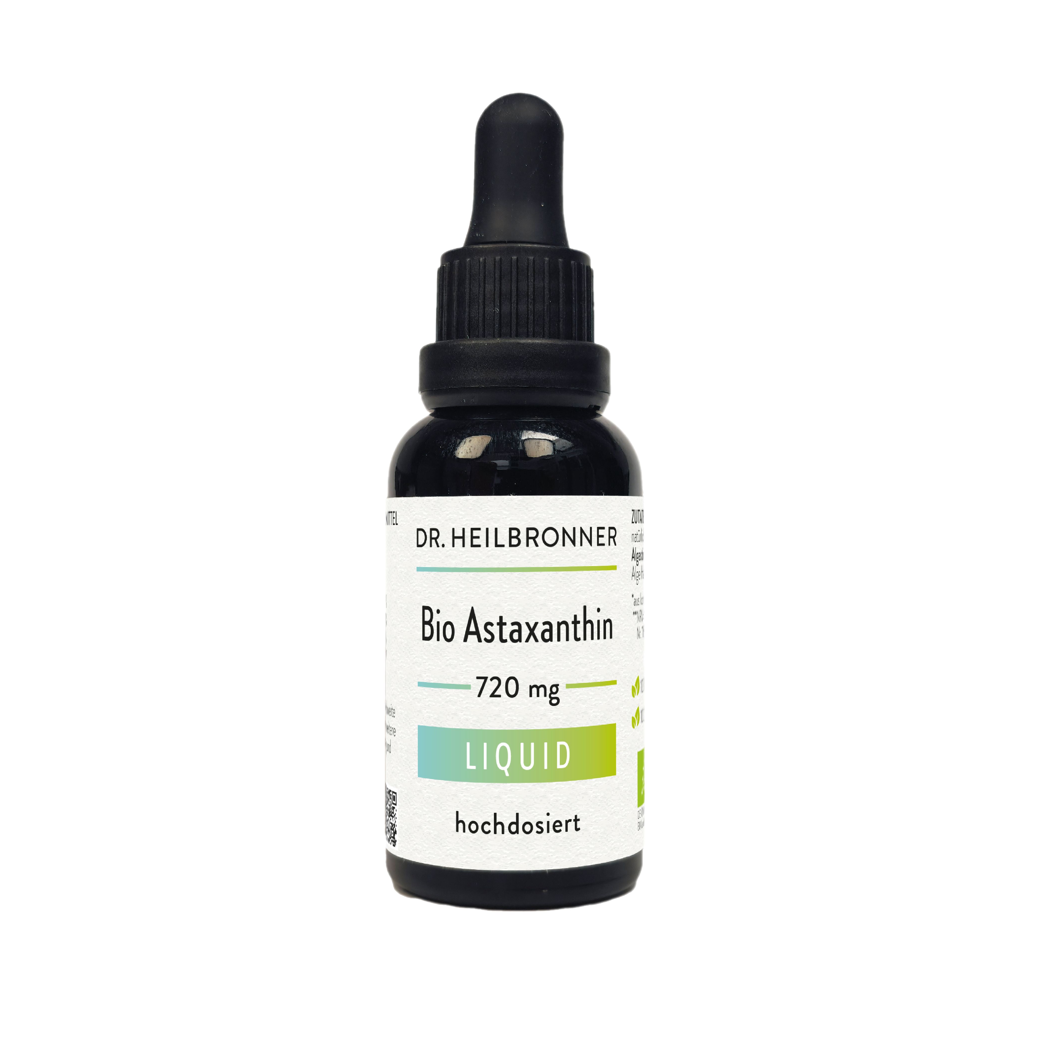 Braune Glasflasche mit schwarzem Tropfer. Beschriftung: Bio Astaxanthin Liquid, 720 mg, hochdosiert. Marke: Dr. Heilbronner.