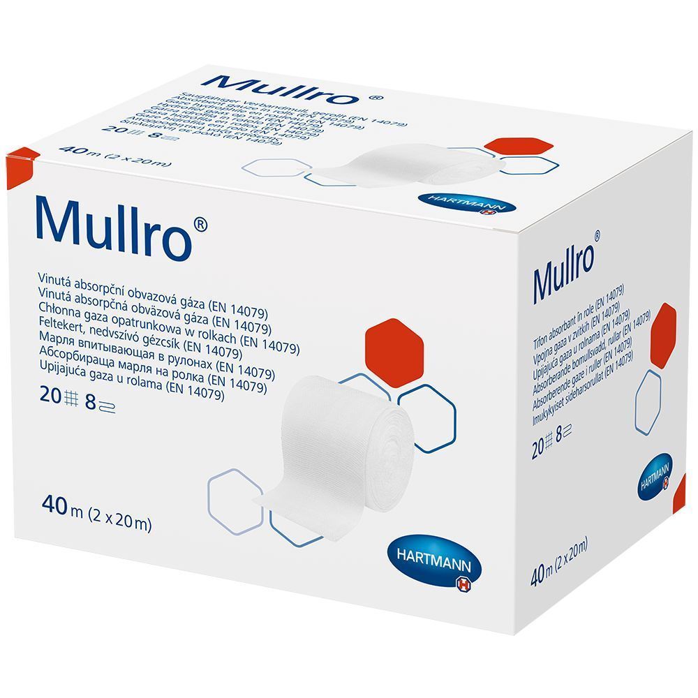 Mullro®-Verpackung. Weiße, absorbierende Gaze in Rolle. Aufschrift: 40 m (2 x 20 m). Marke: Hartmann.