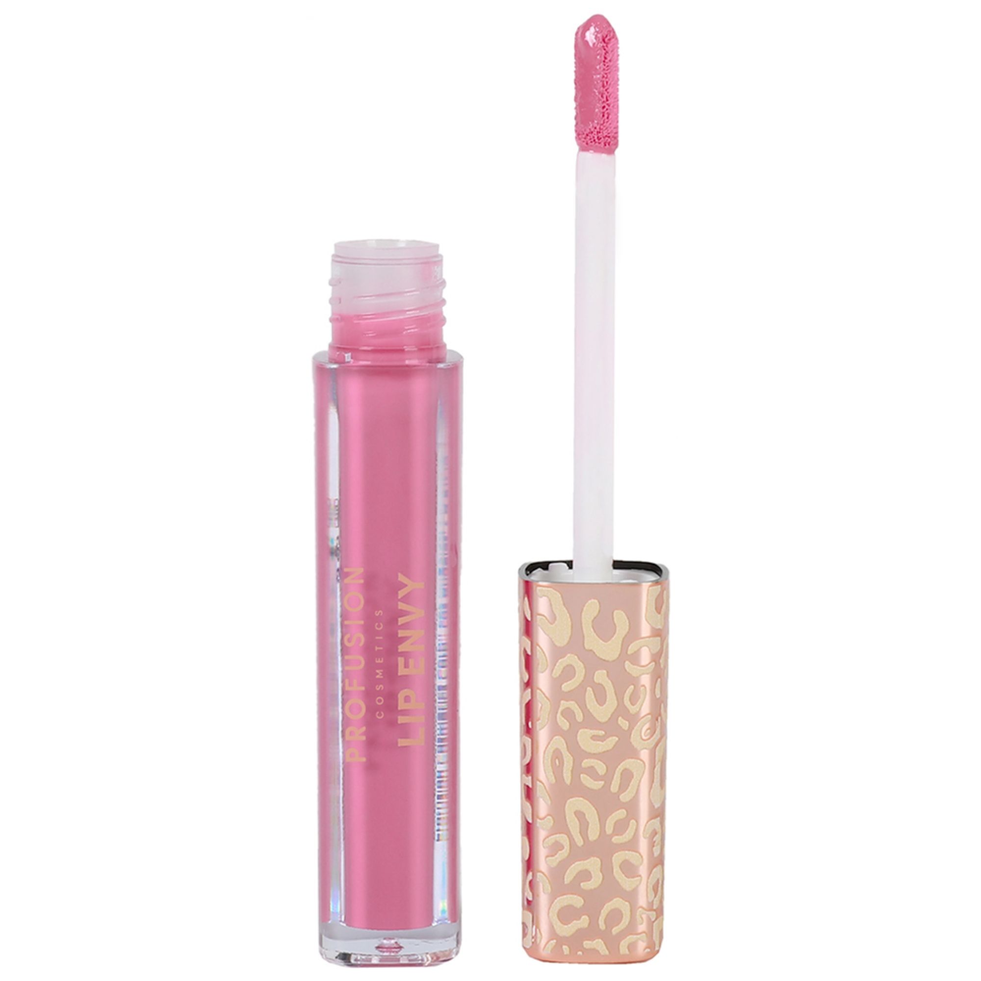 Ein rosa Lipgloss mit Applikator und leopardgemustertem Deckel.