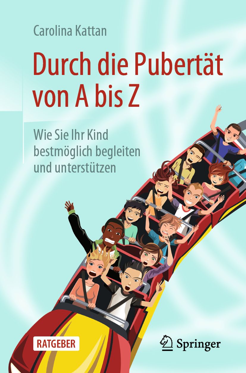 Buchcover: "Durch die Pubertät von A bis Z". Titel und Autorin. Illustration: Achterbahn mit Jugendlichen.