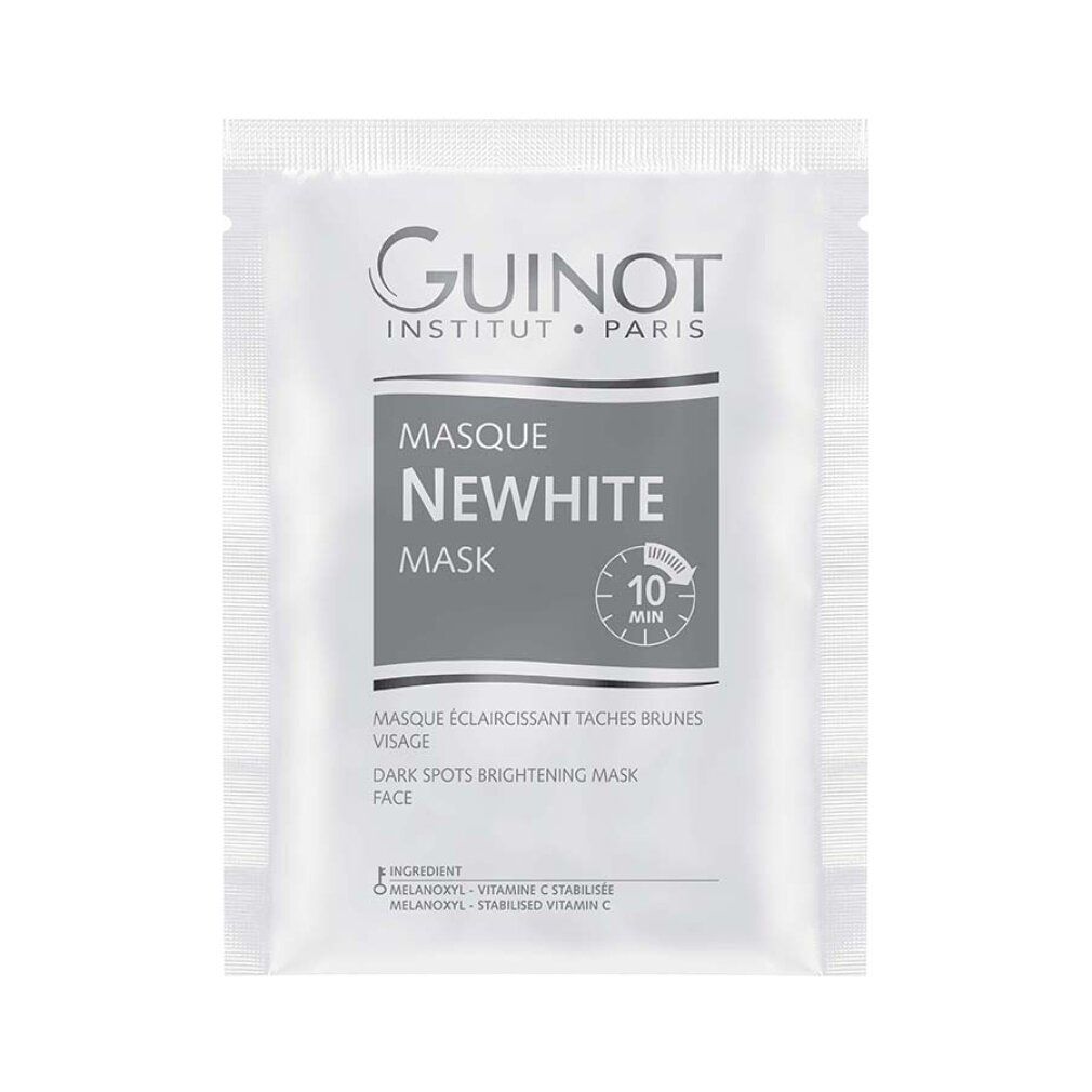 Guinot Newhite Mask. Einzelpackung. Aufschrift: Newhite, Masque, 10 Min. Marke: Guinot. Beschreibung: Masque Éclaircissant Taches Brunes, Face.
