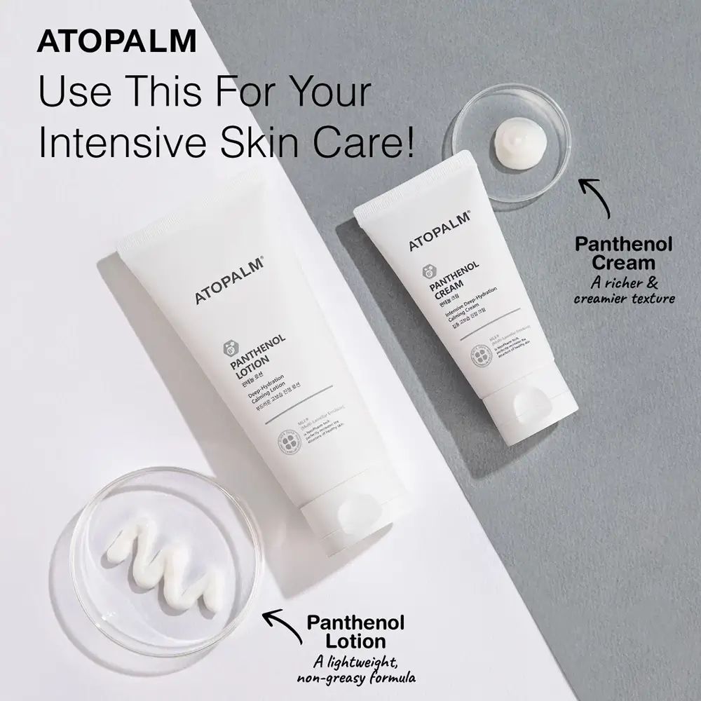 Zwei Tuben ATOPALM Panthenol Lotion und Cream. Text: Panthenol Lotion, Panthenol Cream. Auf Platte Creme.