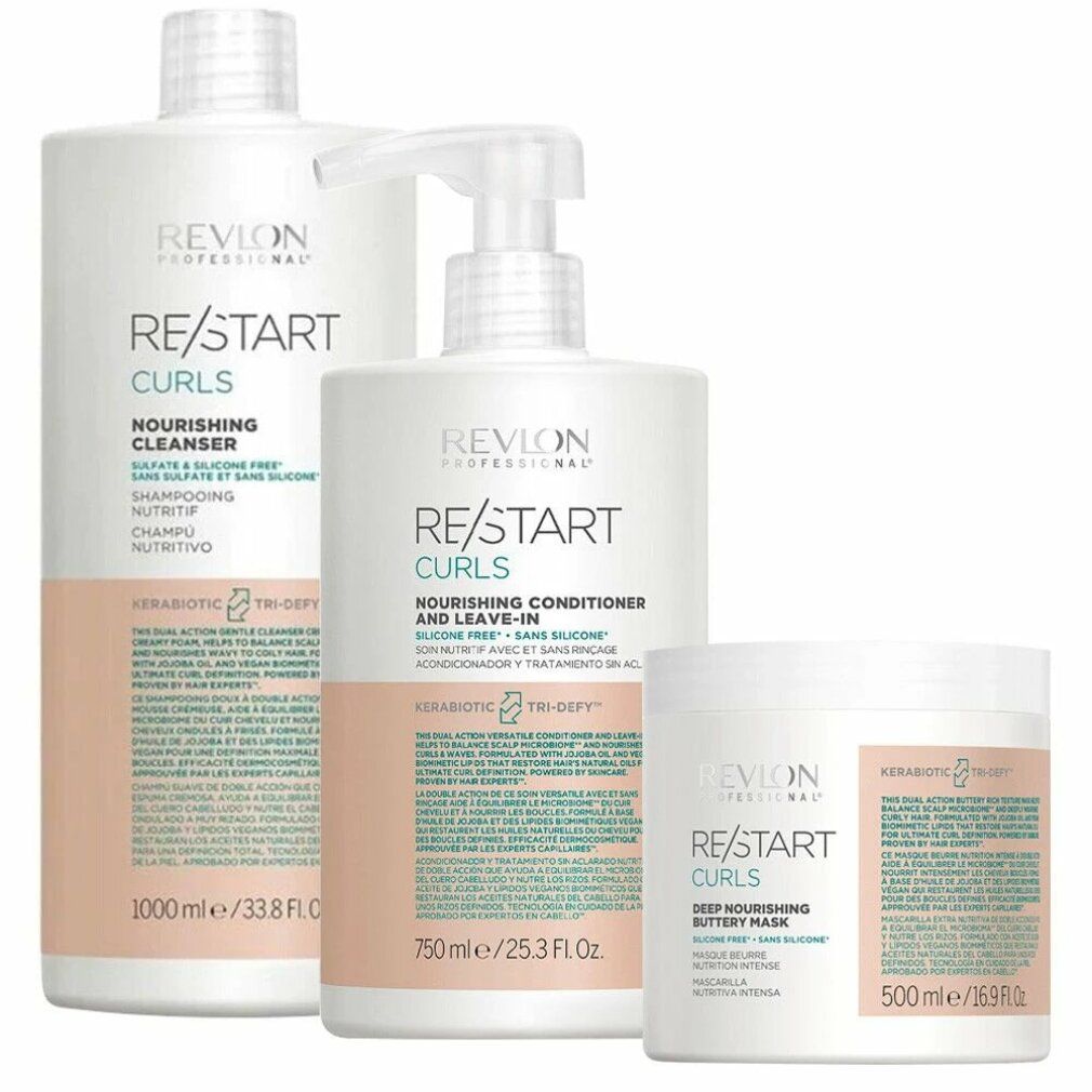 Drei Haarprodukte: Flasche mit Pumpe, Flasche ohne Pumpe, Tiegel. Aufschrift: Revlon Re-Start Curls. Text in Englisch und Spanisch.