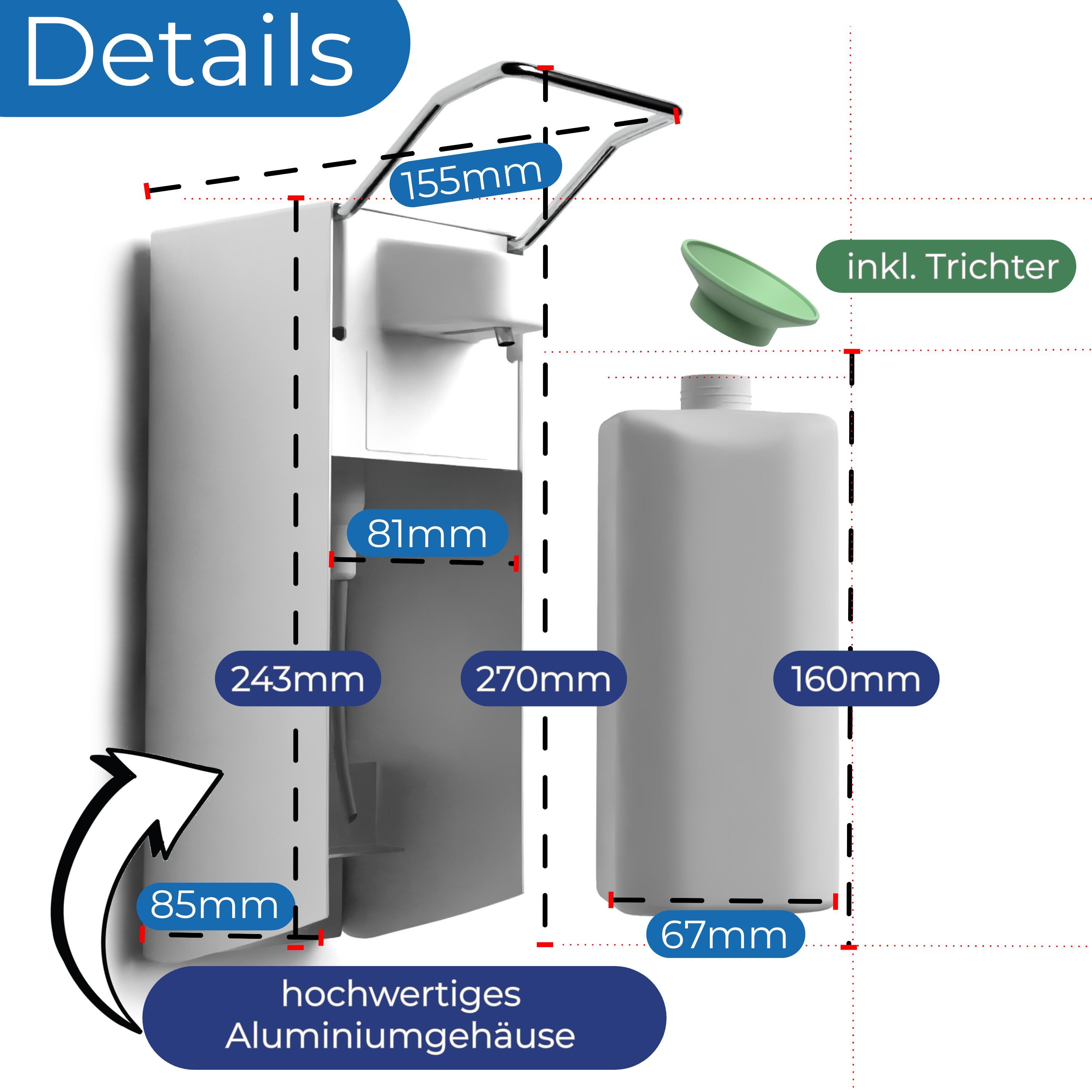Weißer Wandspender mit Maßen. Enthält einen Leerbehälter und einen Trichter. Das Gehäuse ist aus Aluminium.