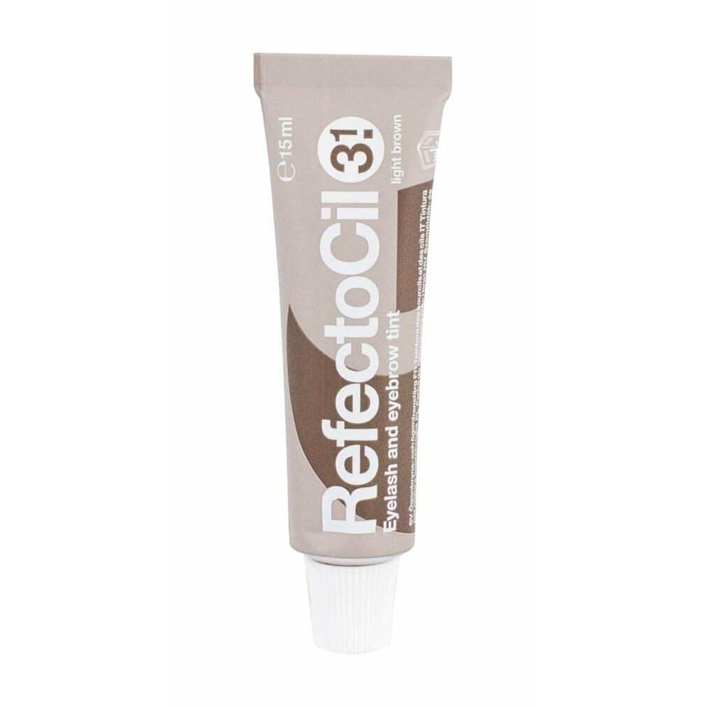 Tube Refectocil 3.1, Augenbrauen- und Wimpernfarbe, lichtbraun. Beige Tube mit brauner Schrift. Weißer Schraubverschluss.