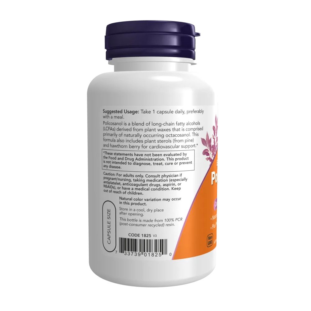 Rückseite einer weißen Flasche mit lila Deckel. Orangefarbenes Etikett mit Anwendungshinweisen und Inhaltsstoffen. NOW-Logo.