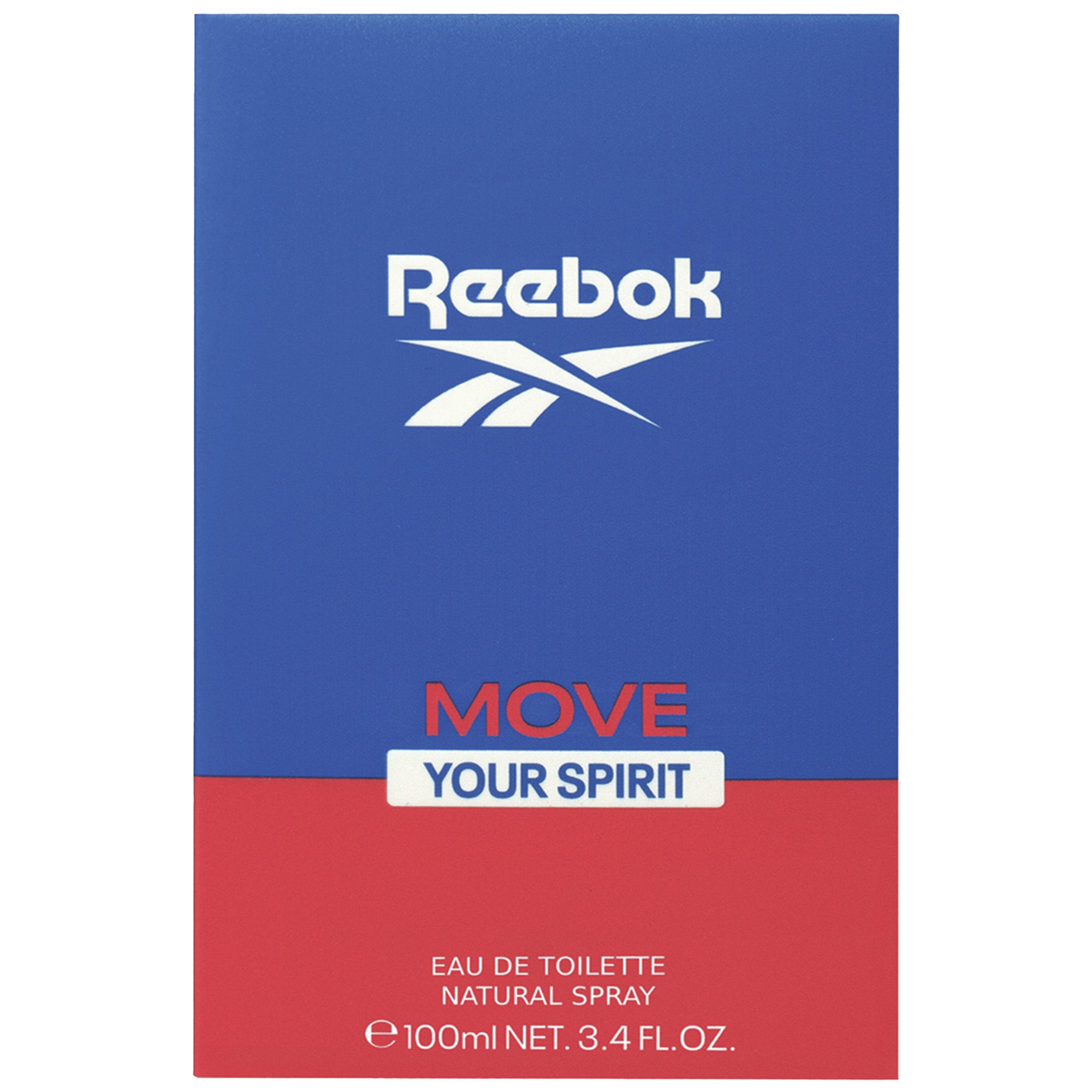 Verpackung. Blau und rot. Aufschrift Reebok und Move Your Spirit. Text: Eau de Toilette, Natural Spray. 100ml.
