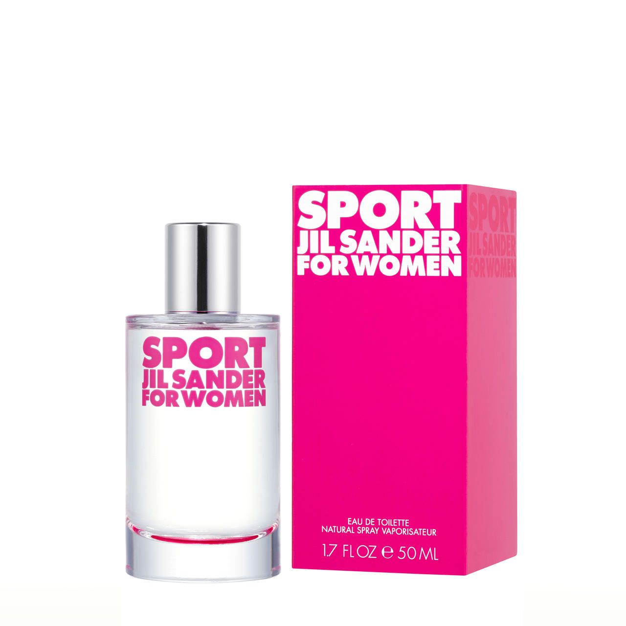 Glasflakon und pinkfarbene Schachtel. Aufschrift „SPORT JIL SANDER FOR WOMEN“. Flakon mit silbernem Verschluss.