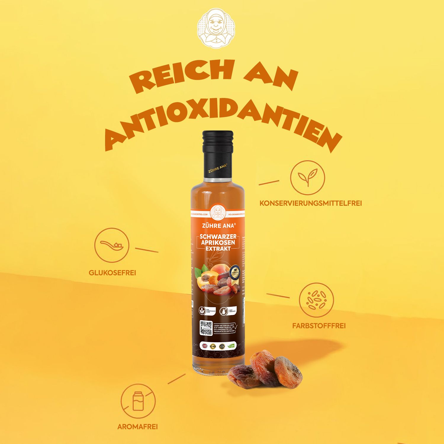 Flasche Zühre Ana schwarzer Aprikosenextrakt mit Symbolen für 'Glukosefrei' und 'Aromafrei'.