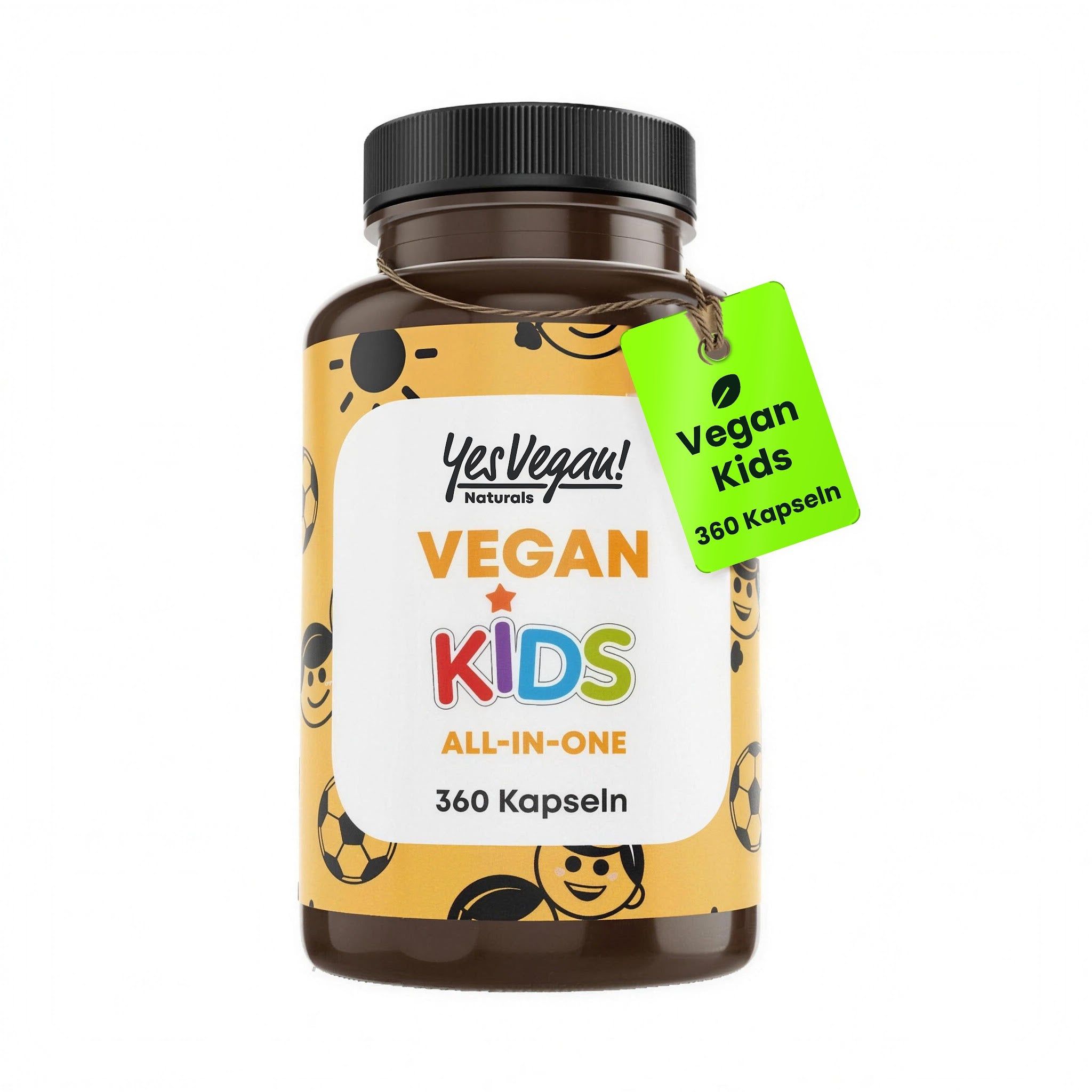Flasche mit "Vegan Kids All-in-One" von Yes Vegan!, 360 Kapseln.