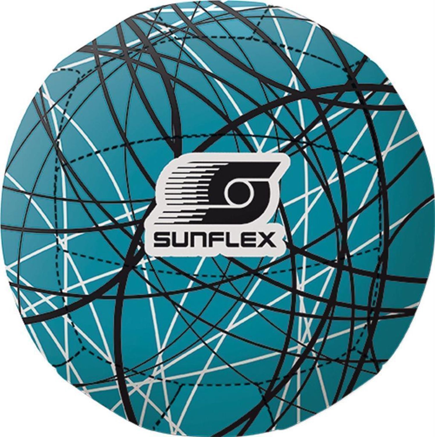 Runder Ball, türkis mit schwarzen und weißen Linien. Logo SUNFLEX.