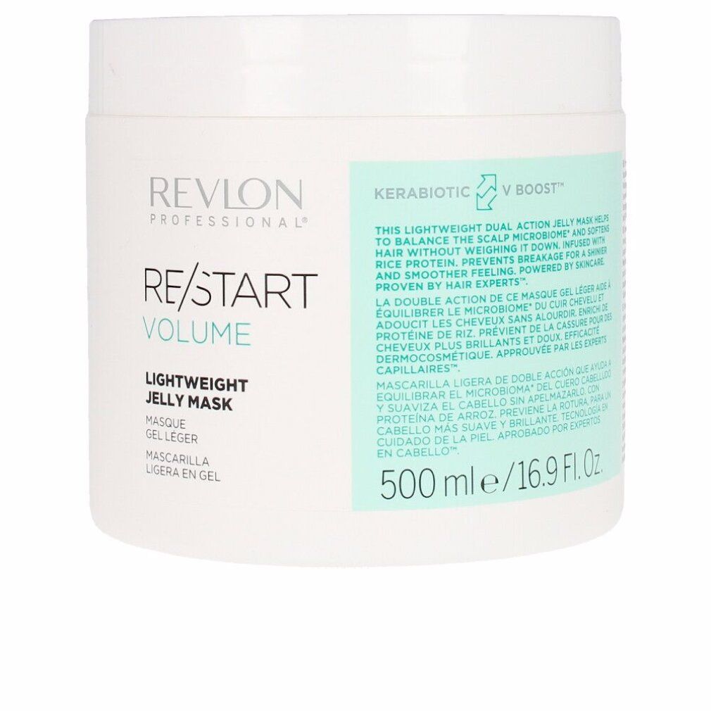 Weißer Tiegel mit Produktetikett. Aufschrift: Revlon Professional, Re/Start Volume, Lightweight Jelly Mask. 500 ml.