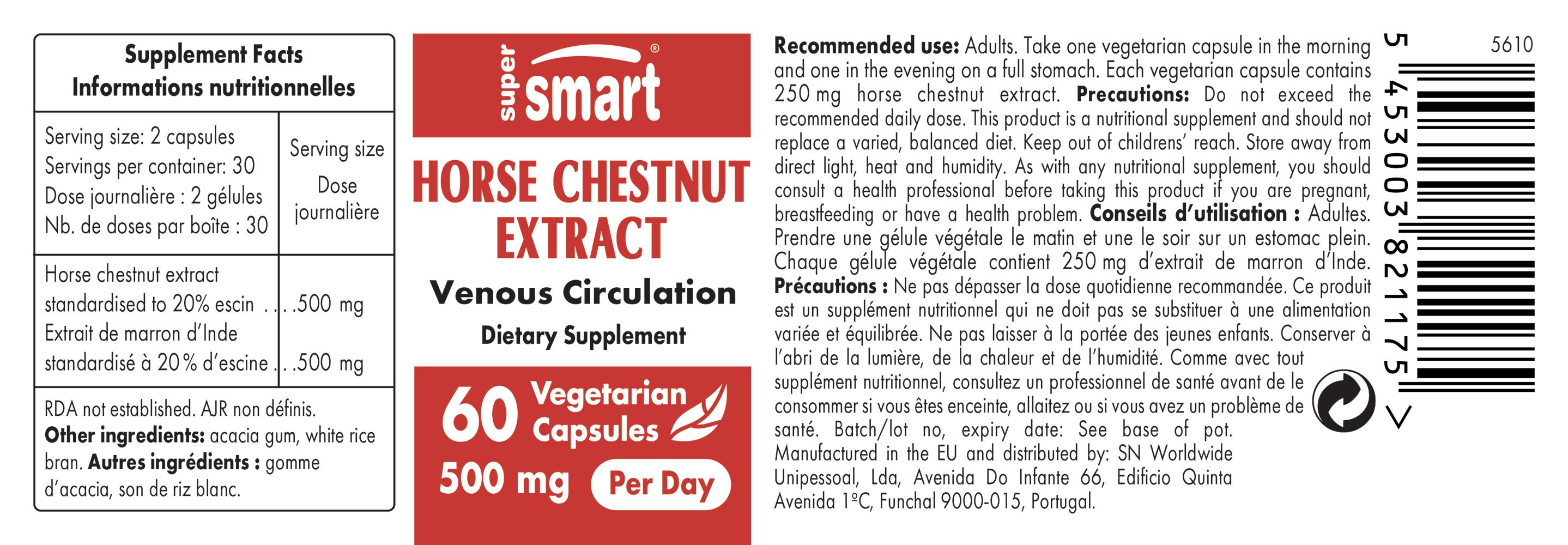 Weißes Fläschchen mit rotem Etikett. Aufschrift: Horse Chestnut Extract, 60 Kapseln, 500 mg pro Tag. Venenkreislauf.
