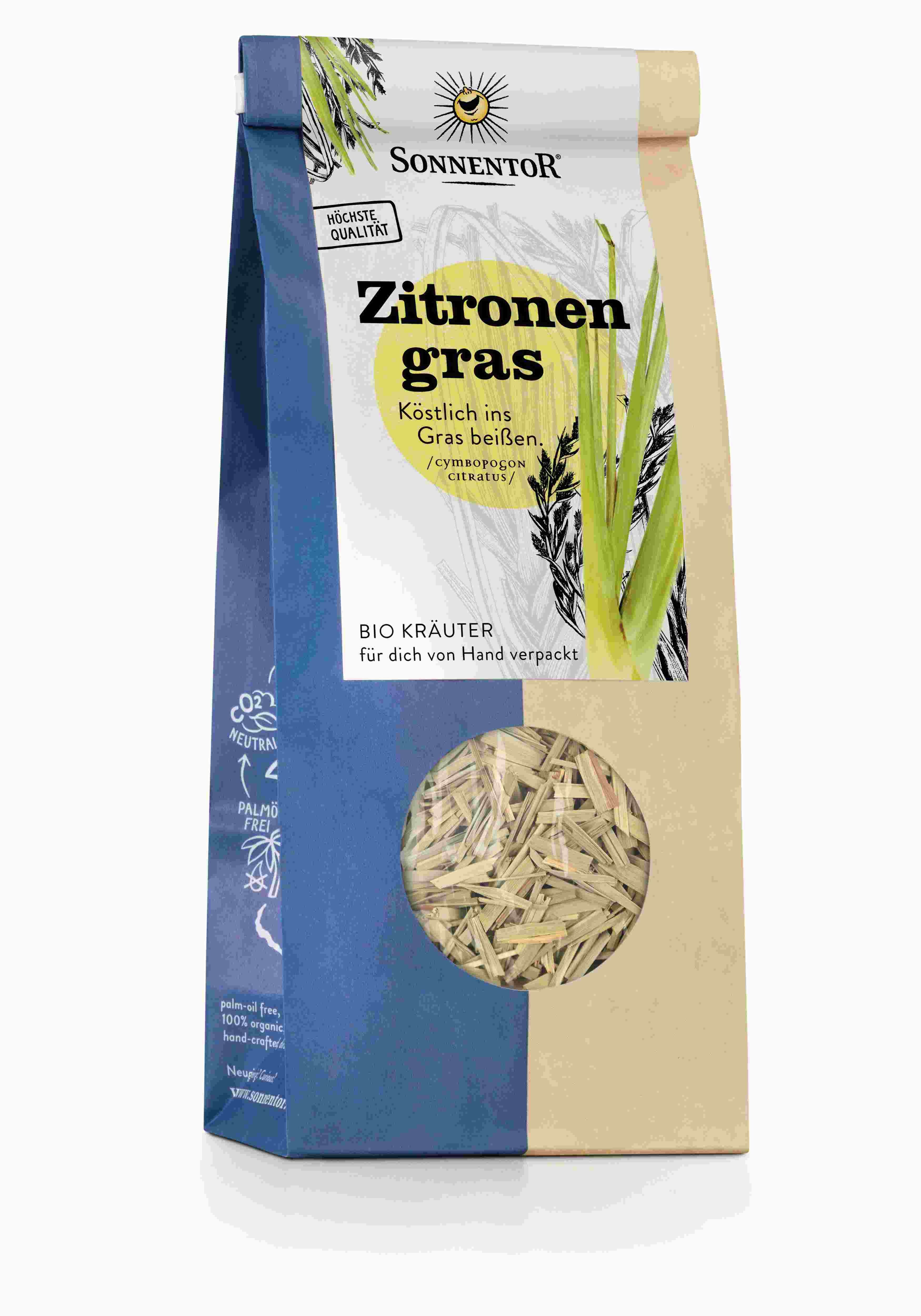 Beutel mit Zitronengras. Sichtfenster zeigt getrocknete Kräuter. Marke SonnentoR. Text: BIO KRÄUTER, Palmölfrei.