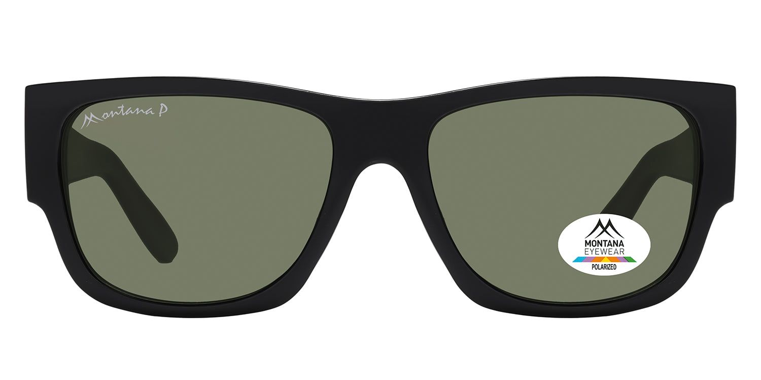 Schwarze Sonnenbrille mit grünen Gläsern. Montana Eyewear Logo und polarisiertes Siegel. Rechteckige Form.