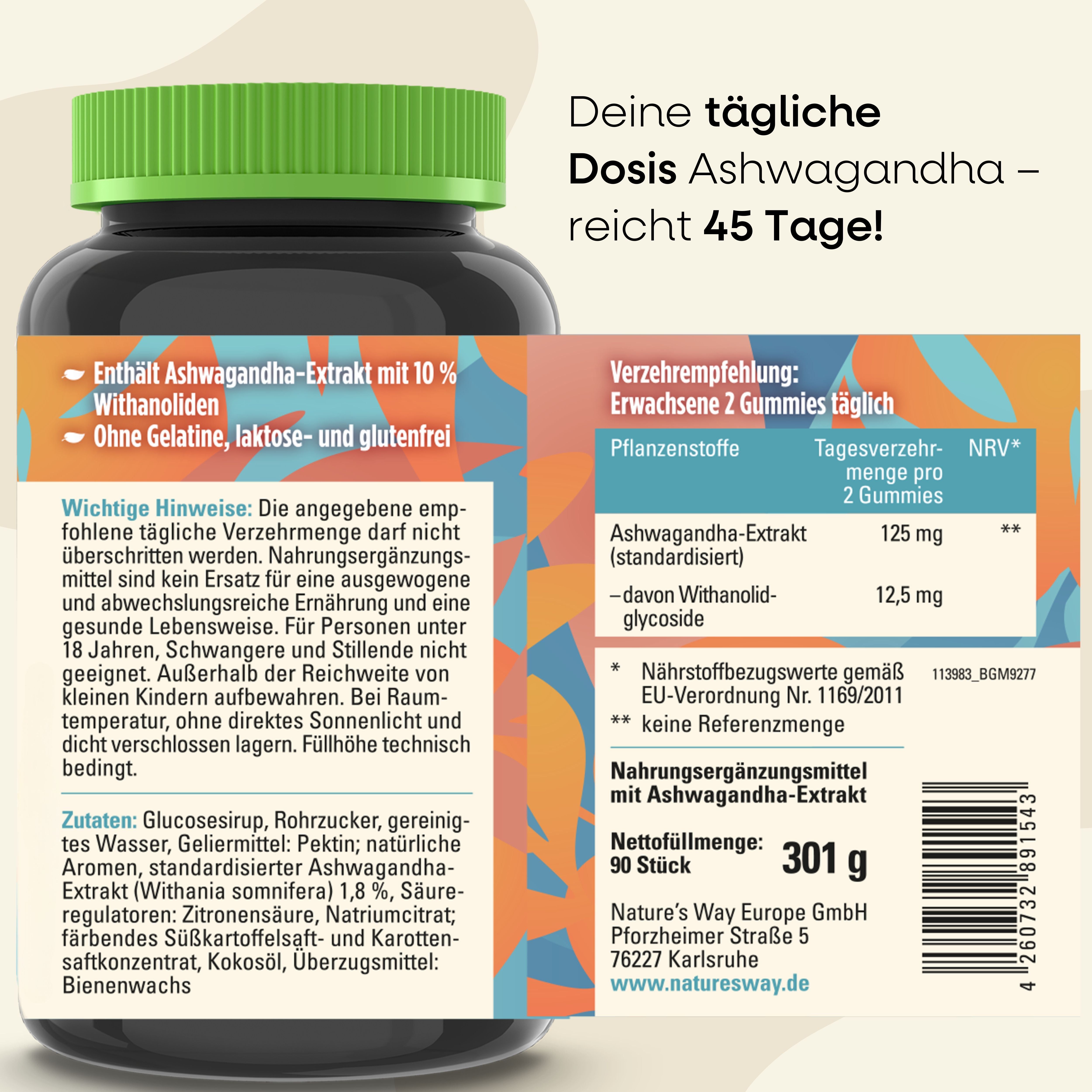Rückseite der Dose mit Ashwagandha Gummies. Text: Deine tägliche Dosis Ashwagandha - reicht 45 Tage! Nährwertangaben.