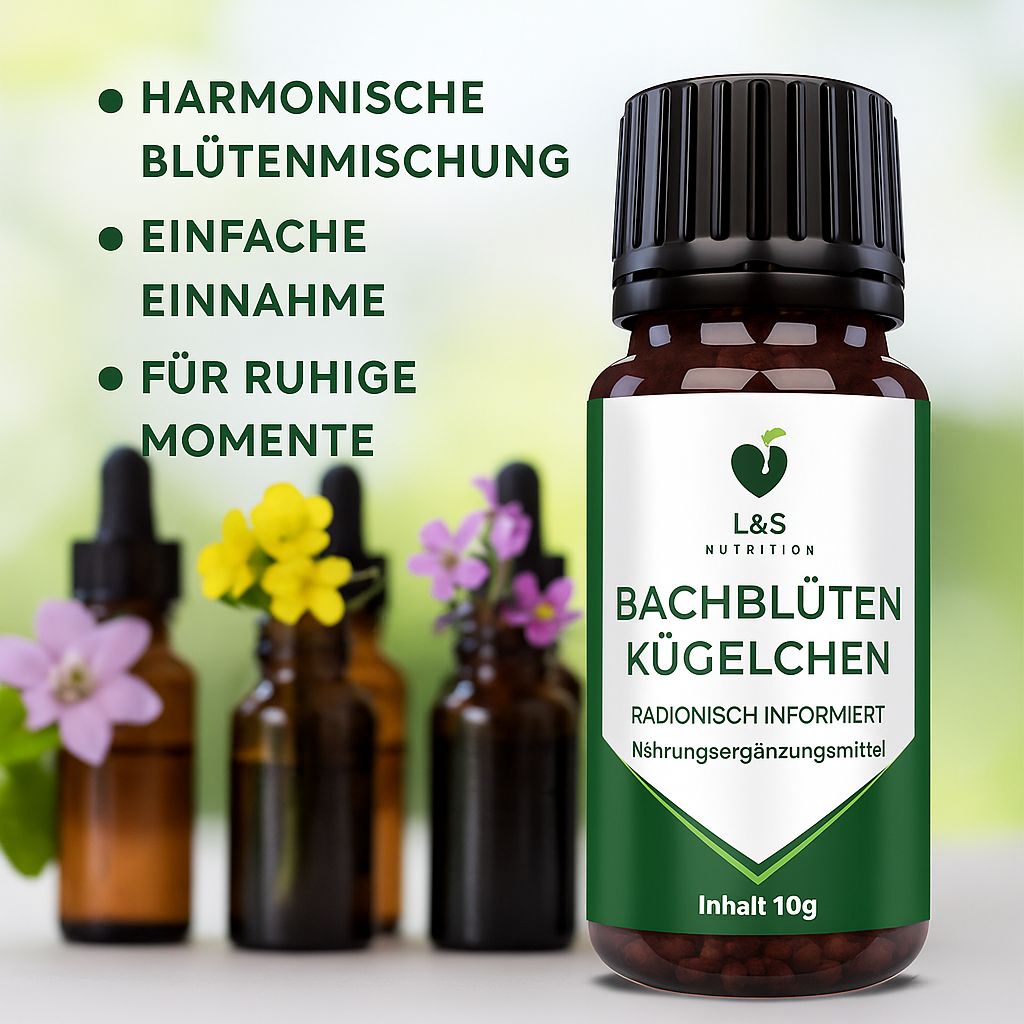 Braune Glasflasche mit schwarzem Deckel. Etikett "L&S Nutrition" und "Bachblüten Kügelchen". Daneben kleine Flaschen.