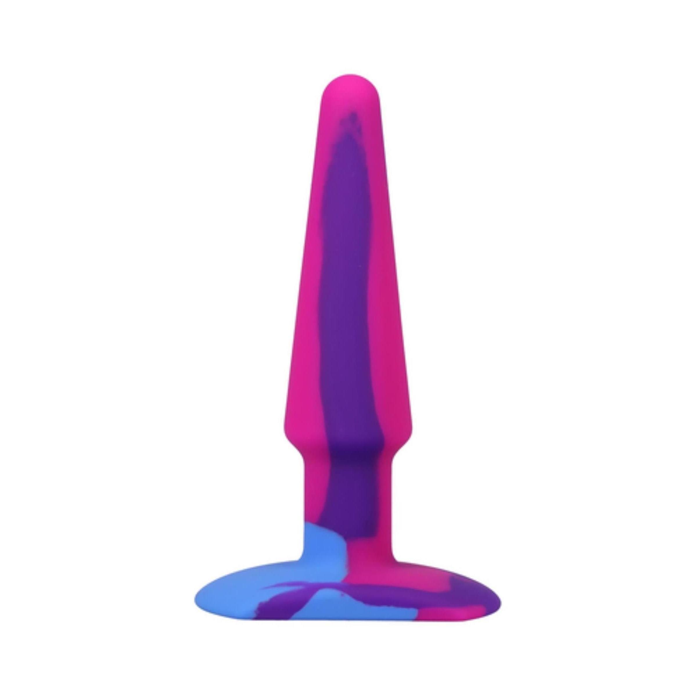 Analplug aus Silikon. Pink, violett und blau. Kegelförmig mit breiter Basis. Glatte Oberfläche.