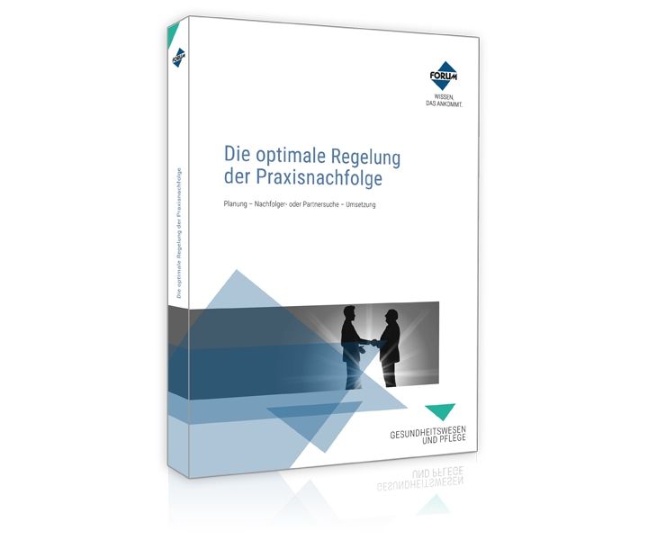 Buch "Die optimale Regelung der Praxisnachfolge". Titel und Untertitel auf weißem Cover. Logo oben rechts. Illustration von zwei Personen.