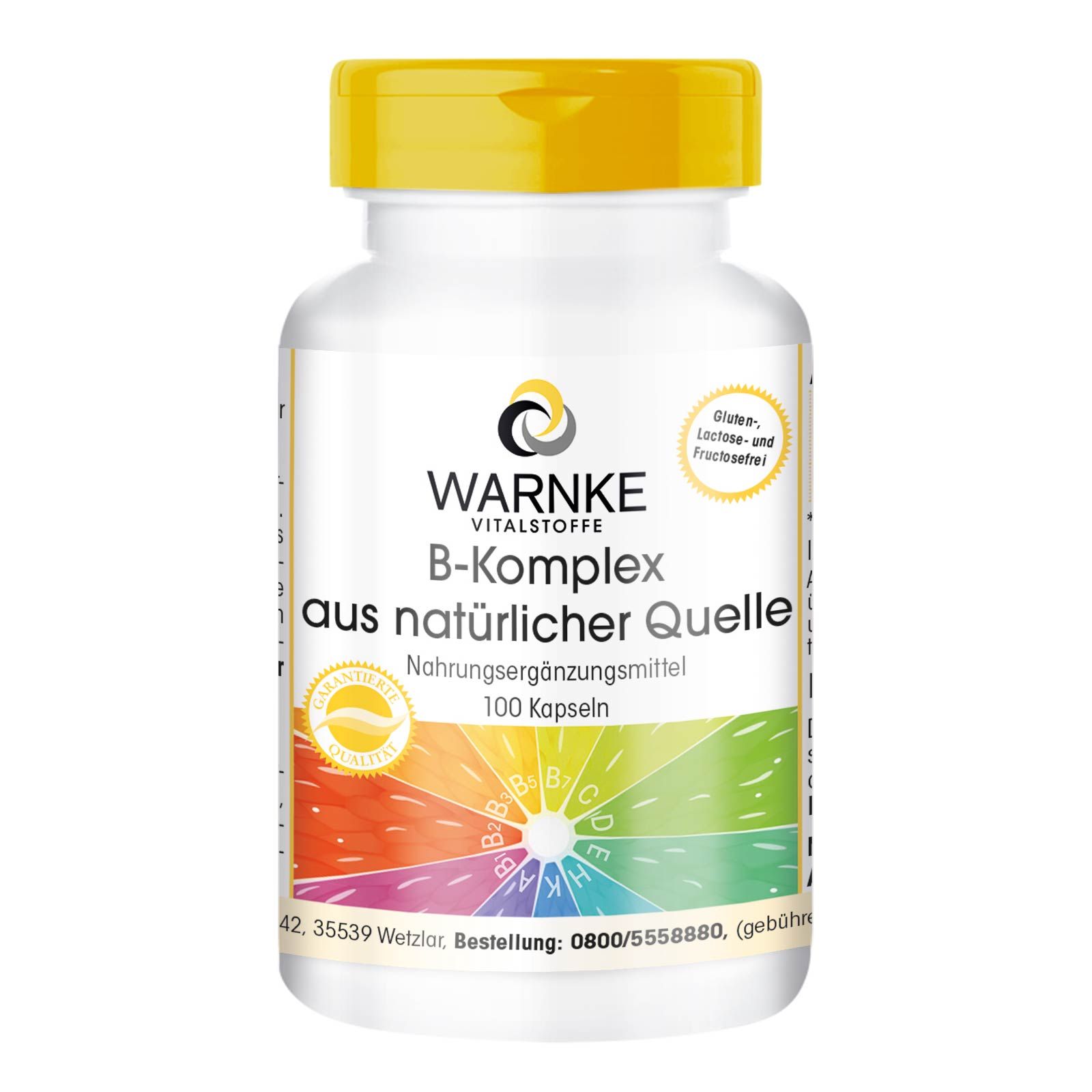 Weiße Flasche mit gelbem Deckel. Aufschrift: Warnke Vitalstoffe B-Komplex aus natürlicher Quelle. 100 Kapseln. Gluten-, Laktose- und Fructosefrei.