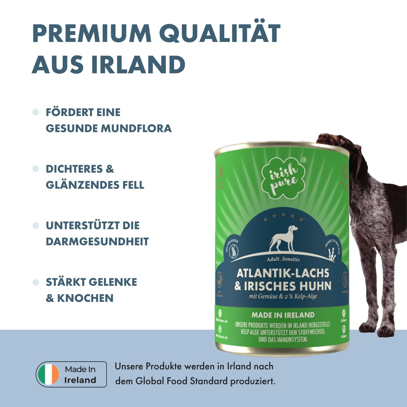 Vorteile von Irish Pure Hundefutter aus Irland: Gesunde Mundflora, Fell, Darm, Gelenke.