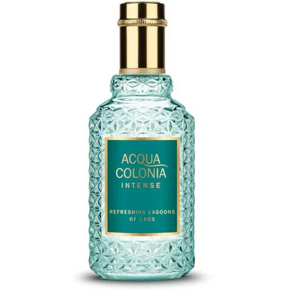 Hellblaues Parfümflakon mit goldfarbenem Verschluss. Aufschrift: Acqua Colonia Intense, Refreshing Lagoons of Laos.