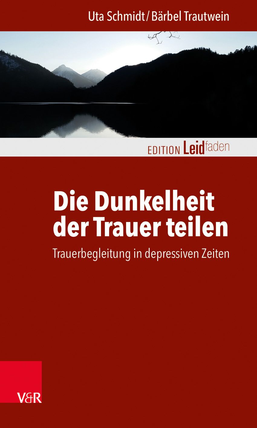 Buchcover mit Titel "Die Dunkelheit der Trauer teilen". Autorinnen: Uta Schmidt, Bärbel Trautwein. Verlag V&R. Landschaftsfoto im Hintergrund.