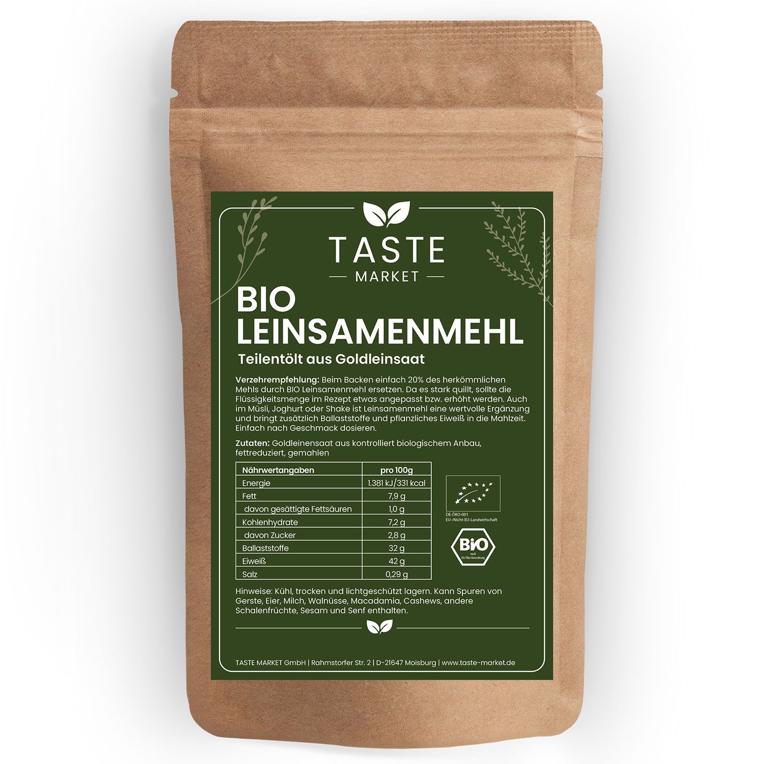 Taste Market Bio Leinsamenmehl in brauner Papiertüte mit Etikett und Nährwertangaben.