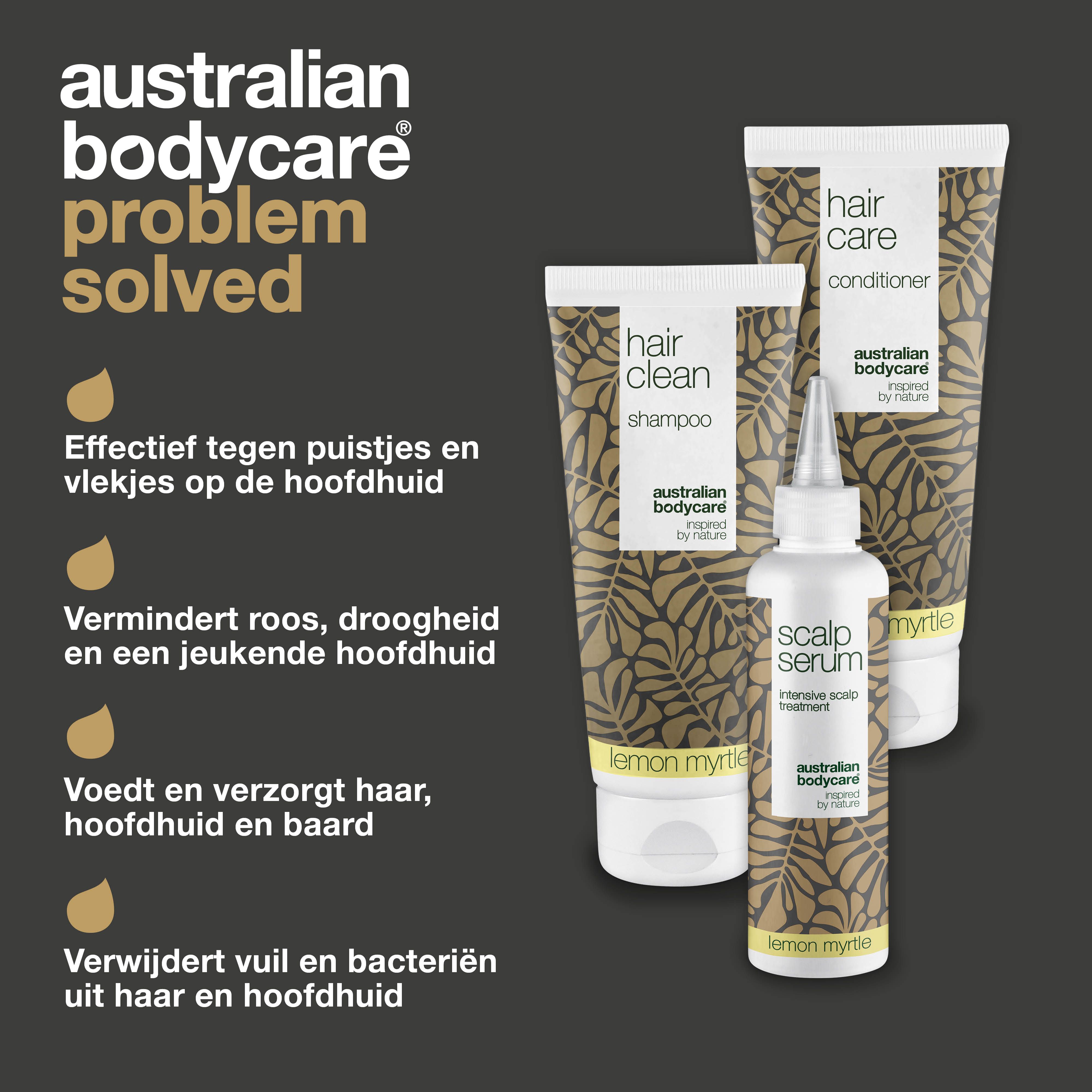 Probleem opgelost. Shampoo, conditioner en serum. Opschrift: Lemon Myrtle. Tekst: Tegen puistjes, vermindert roos, etc.