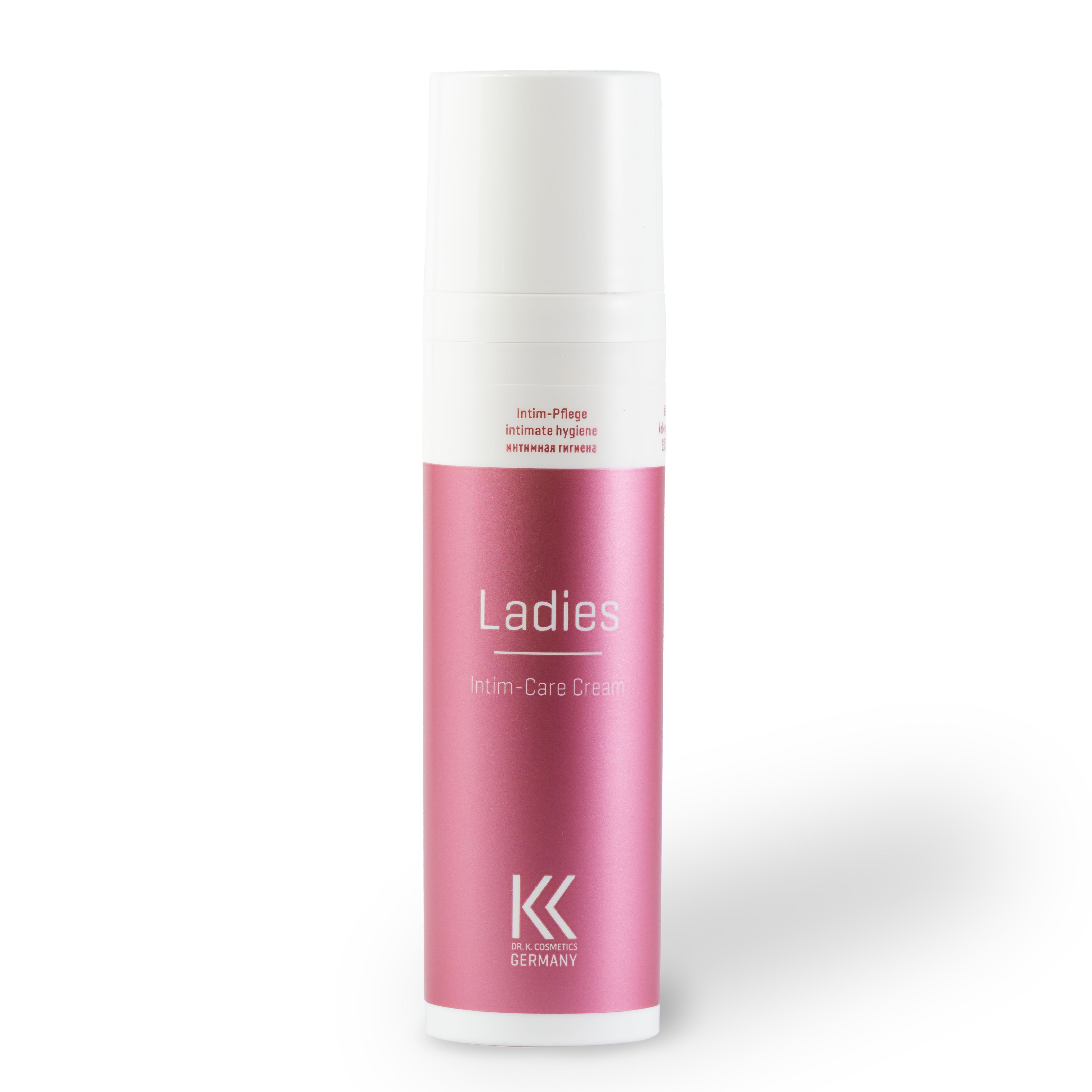 Weißer Spender mit rosa Etikett. Schriftzug "Ladies Intim-Care Cream" und Logo. Produkt für Intimpflege.