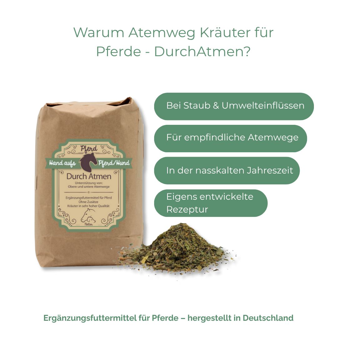 Braune Papiertüte mit Produktetikett und Kräutermischung. Text: DurchAtmen, Hand aufs Pferd/Hund. Vier grüne Textfelder.