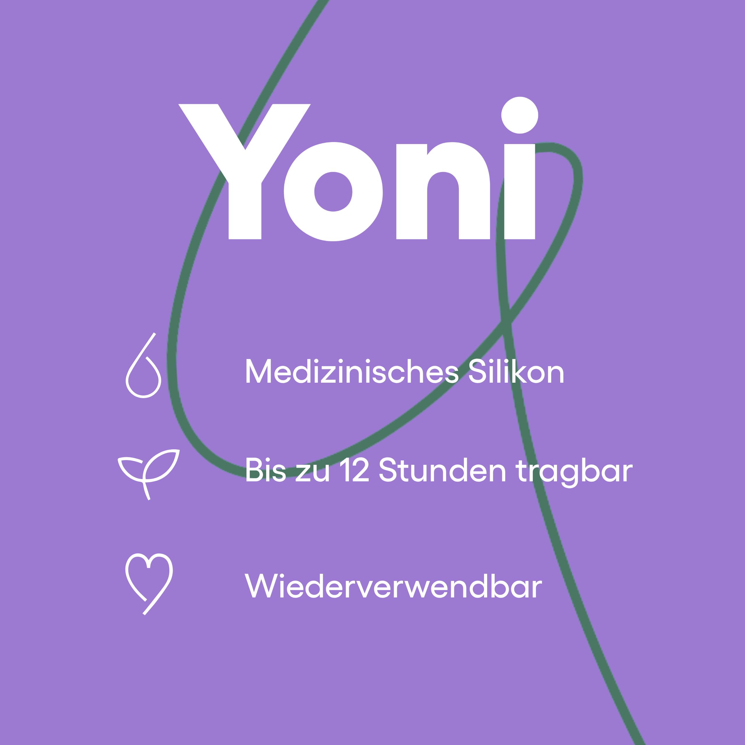 Lila Verpackung mit "Yoni" Schriftzug. Menstruationstasse, Größe 2. Medizinische Silikon.